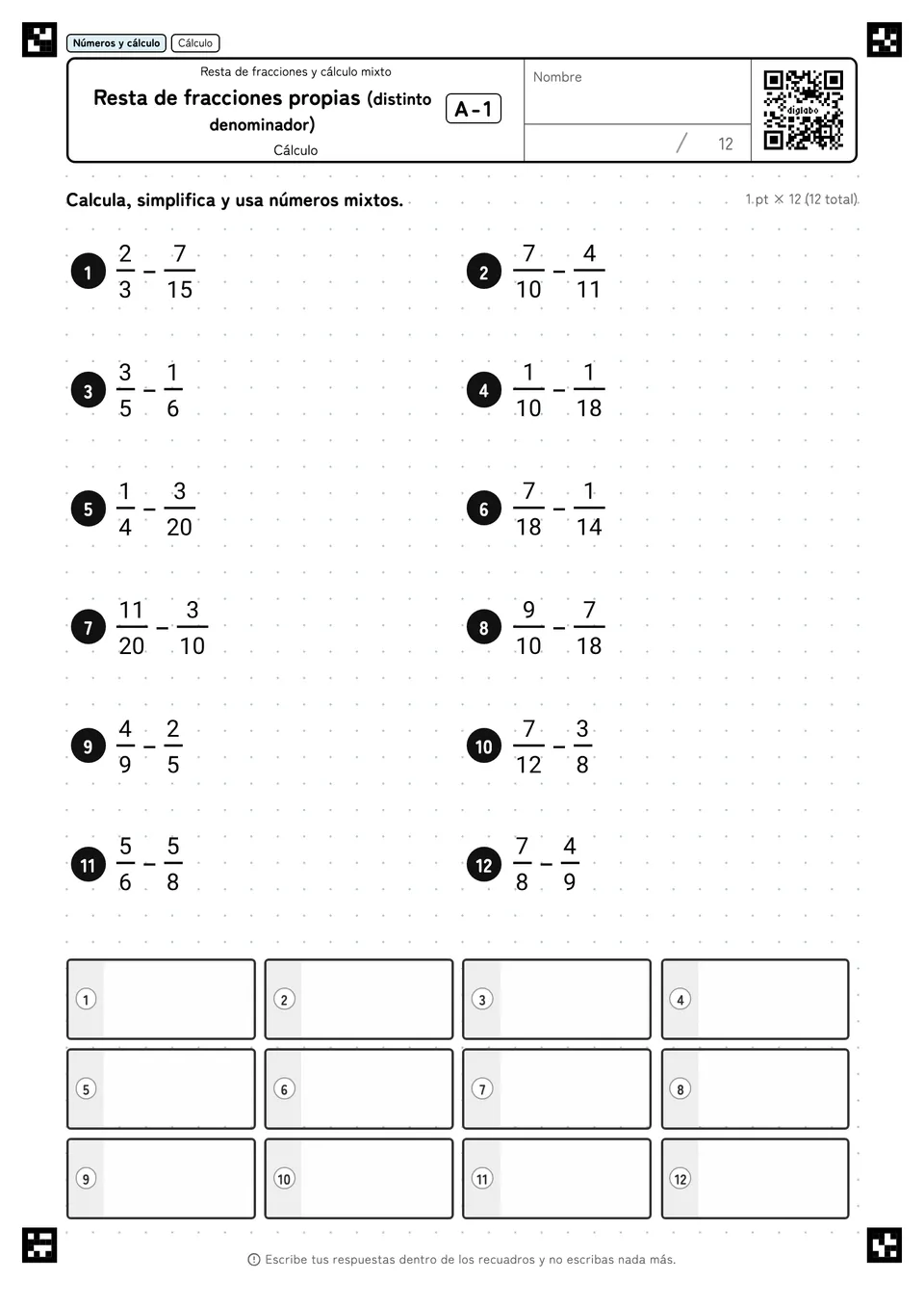 Resta de fracciones propias (distinto denominador) A-1
