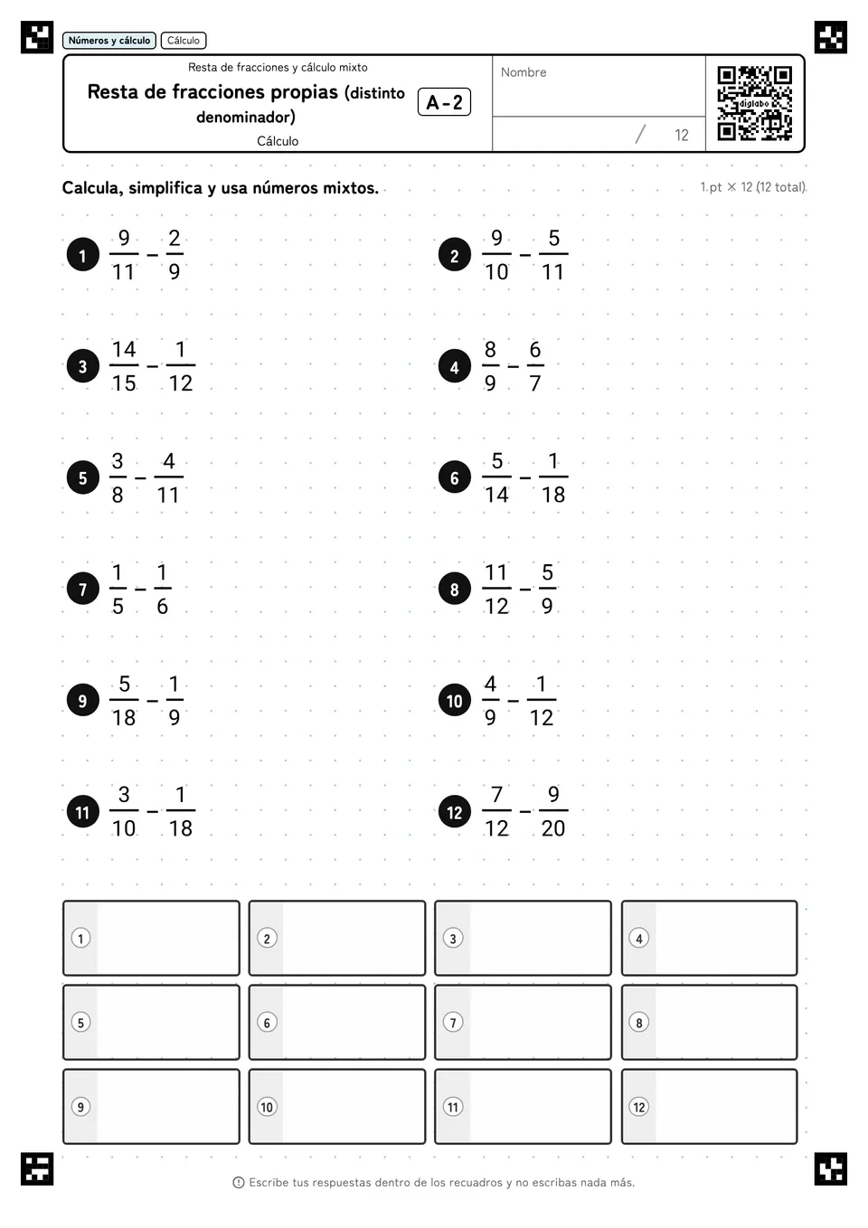 Resta de fracciones propias (distinto denominador) A-2