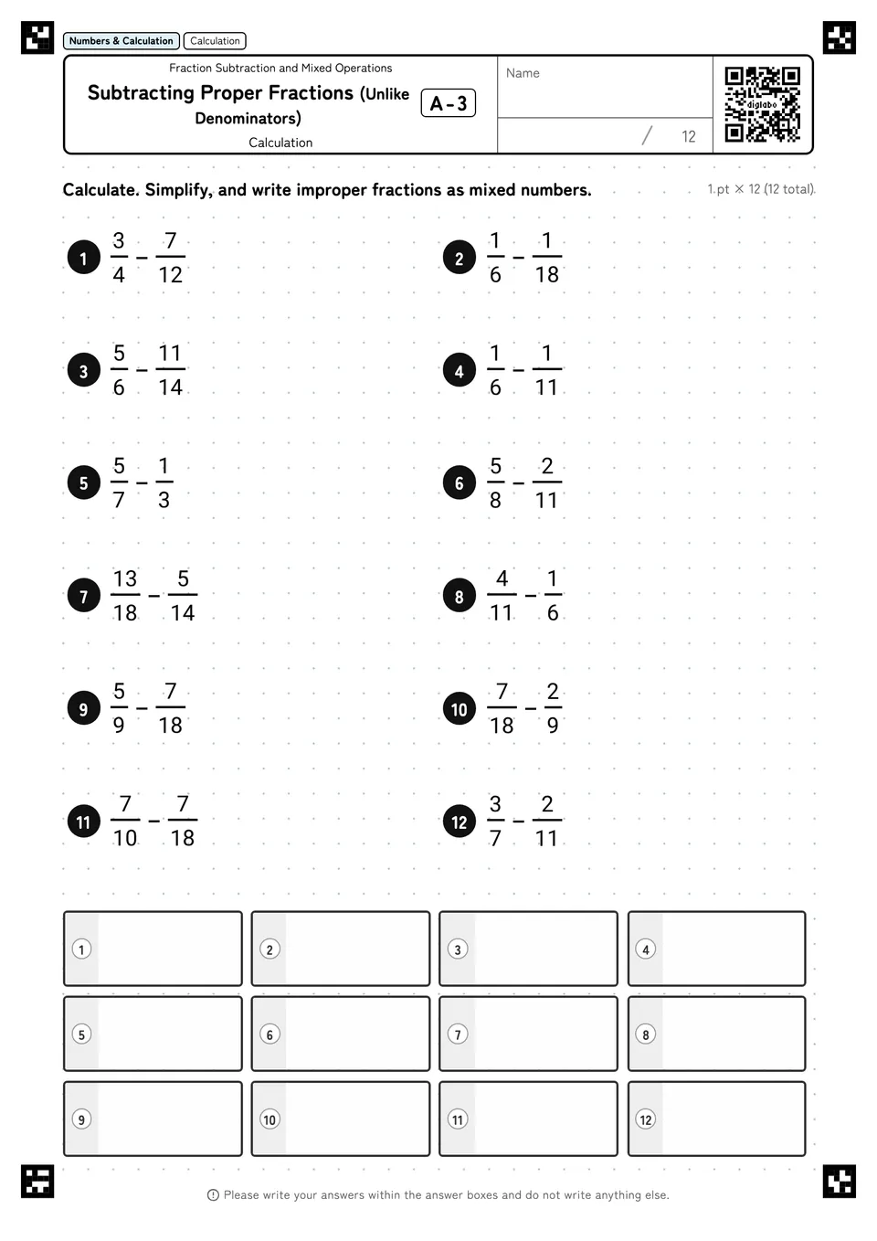 Subtracting Proper Fractions (Unlike Denominators) A-3