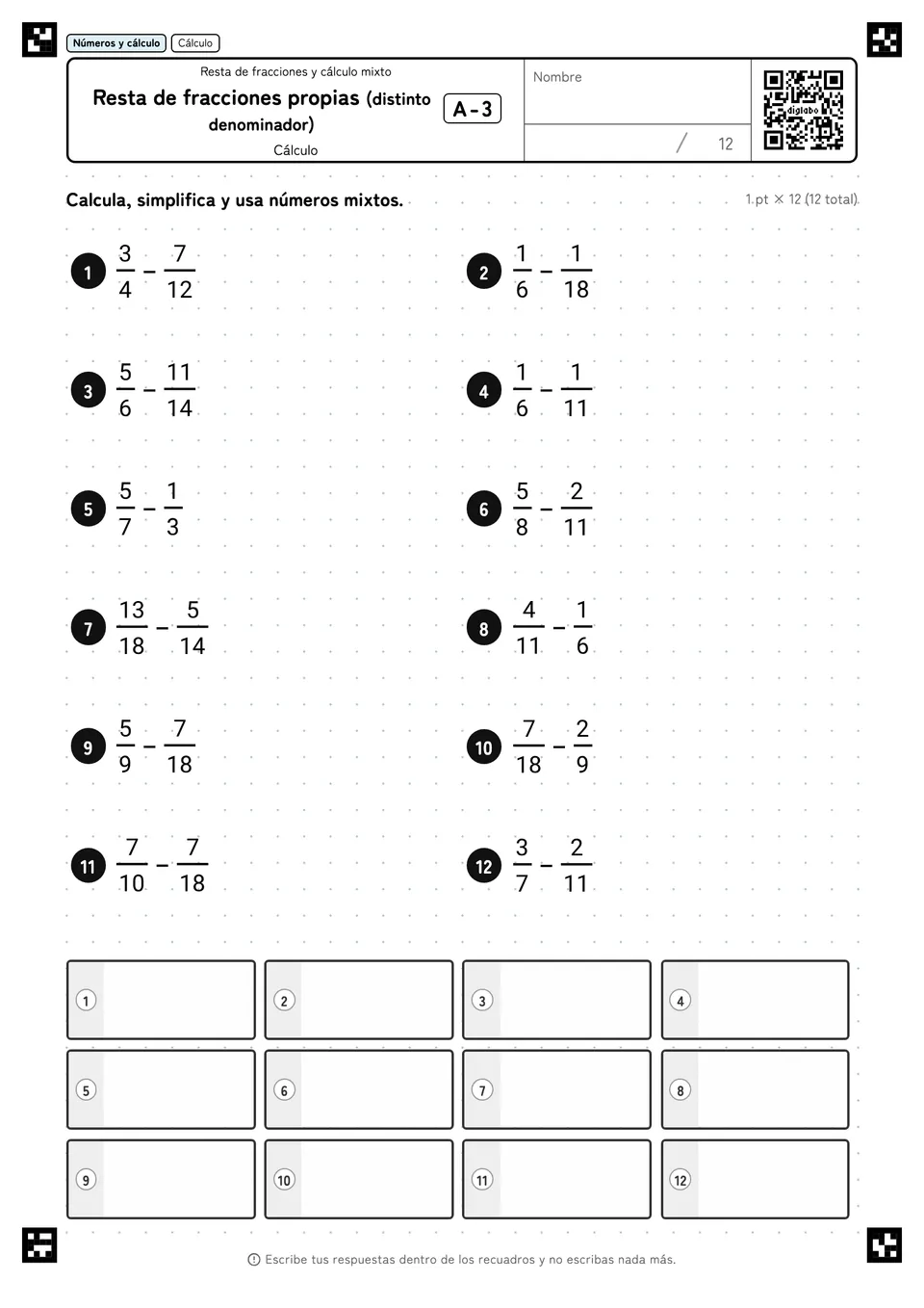Resta de fracciones propias (distinto denominador) A-3