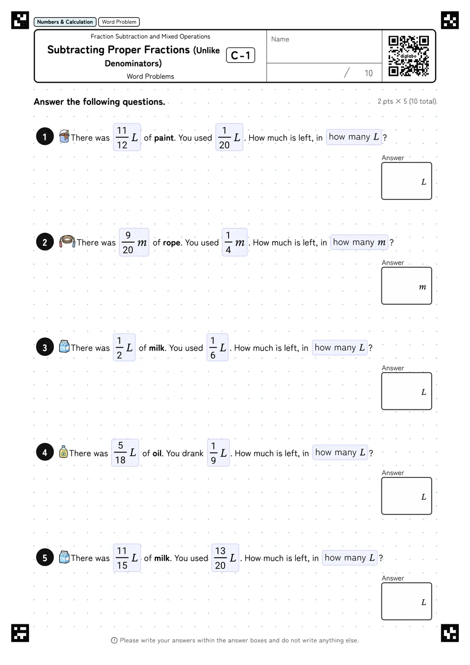 Subtracting Proper Fractions (Unlike Denominators) C-1