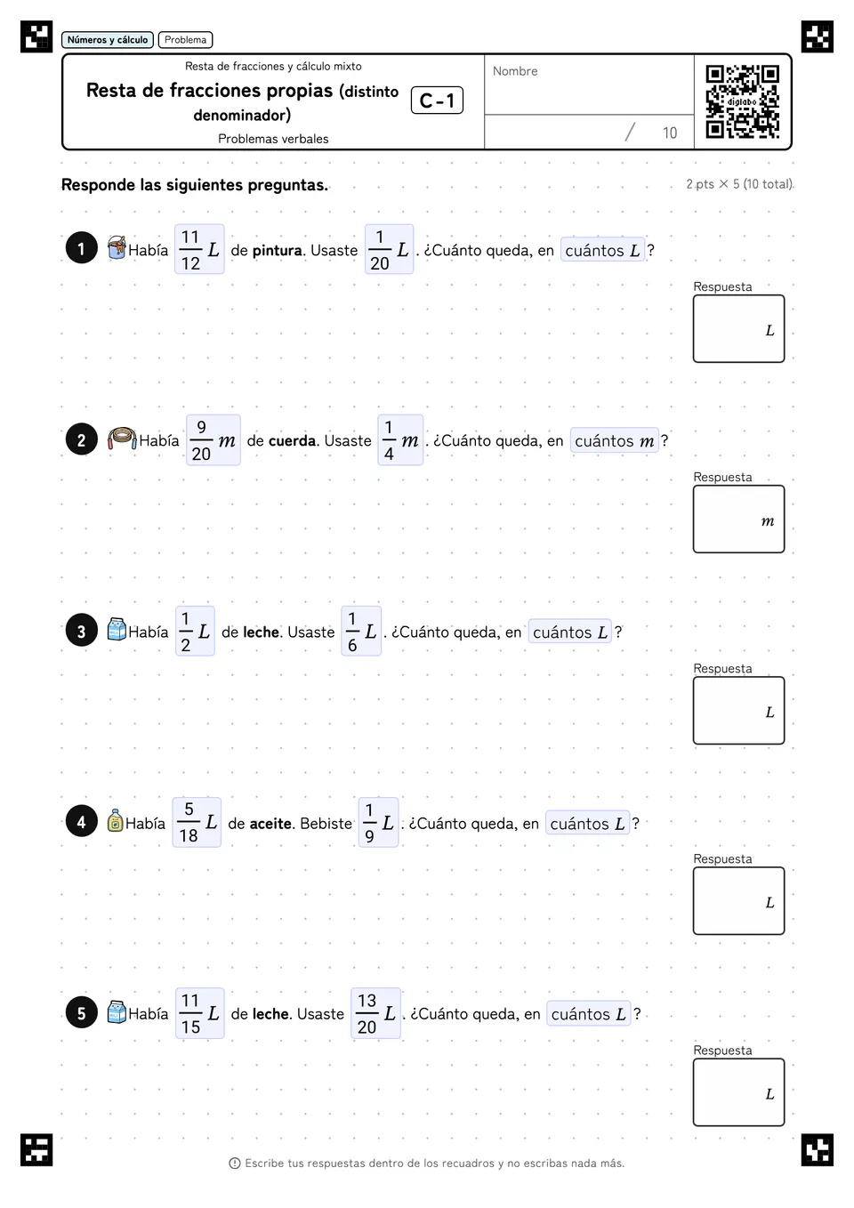 Resta de fracciones propias (distinto denominador) C-1