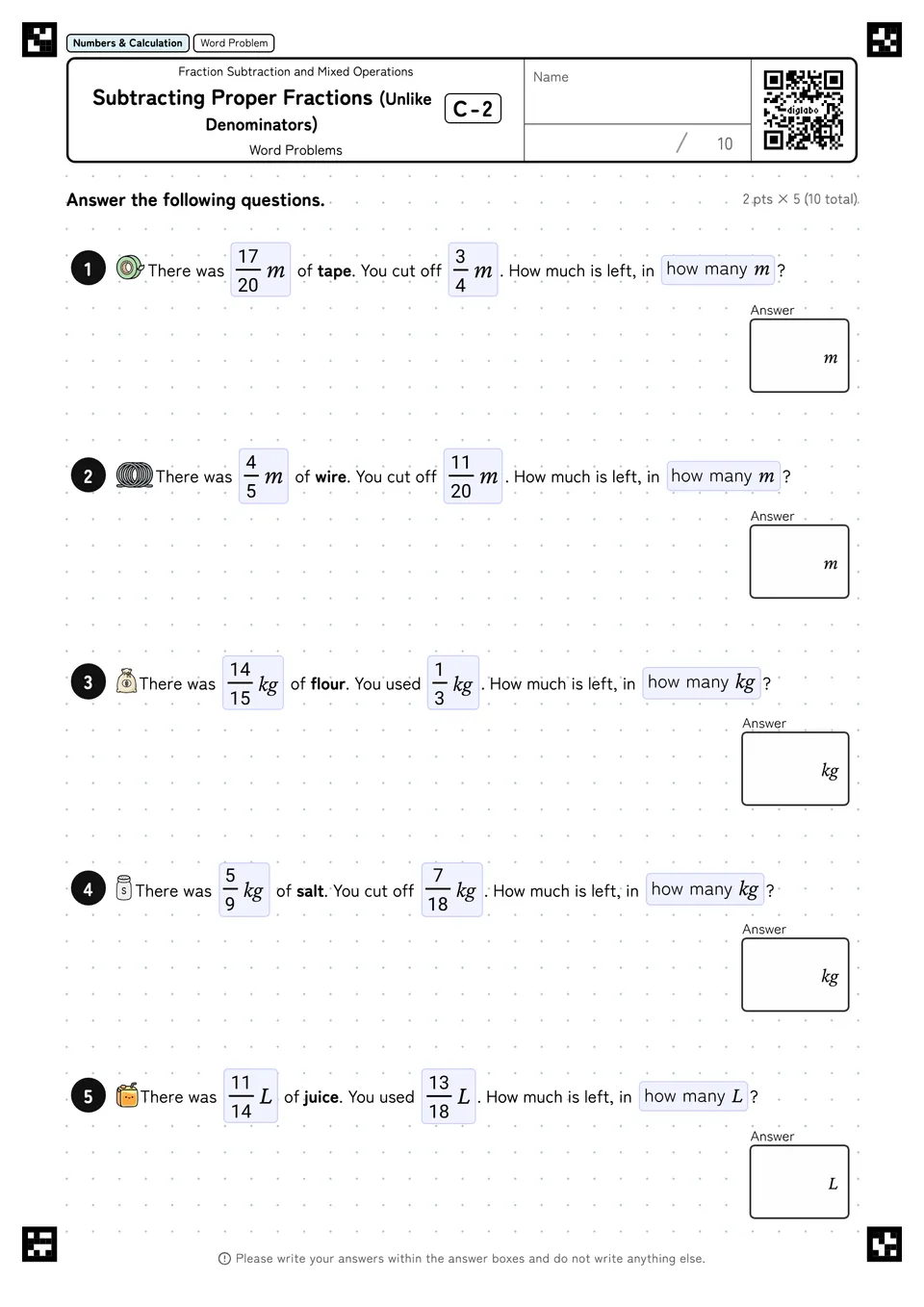 Subtracting Proper Fractions (Unlike Denominators) C-2
