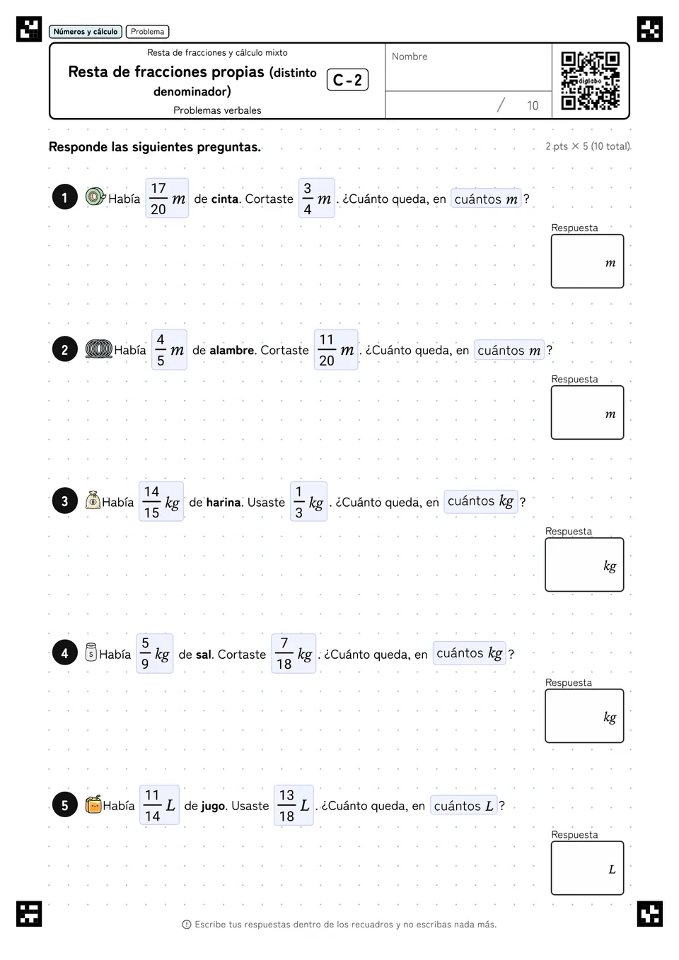Resta de fracciones propias (distinto denominador) C-2