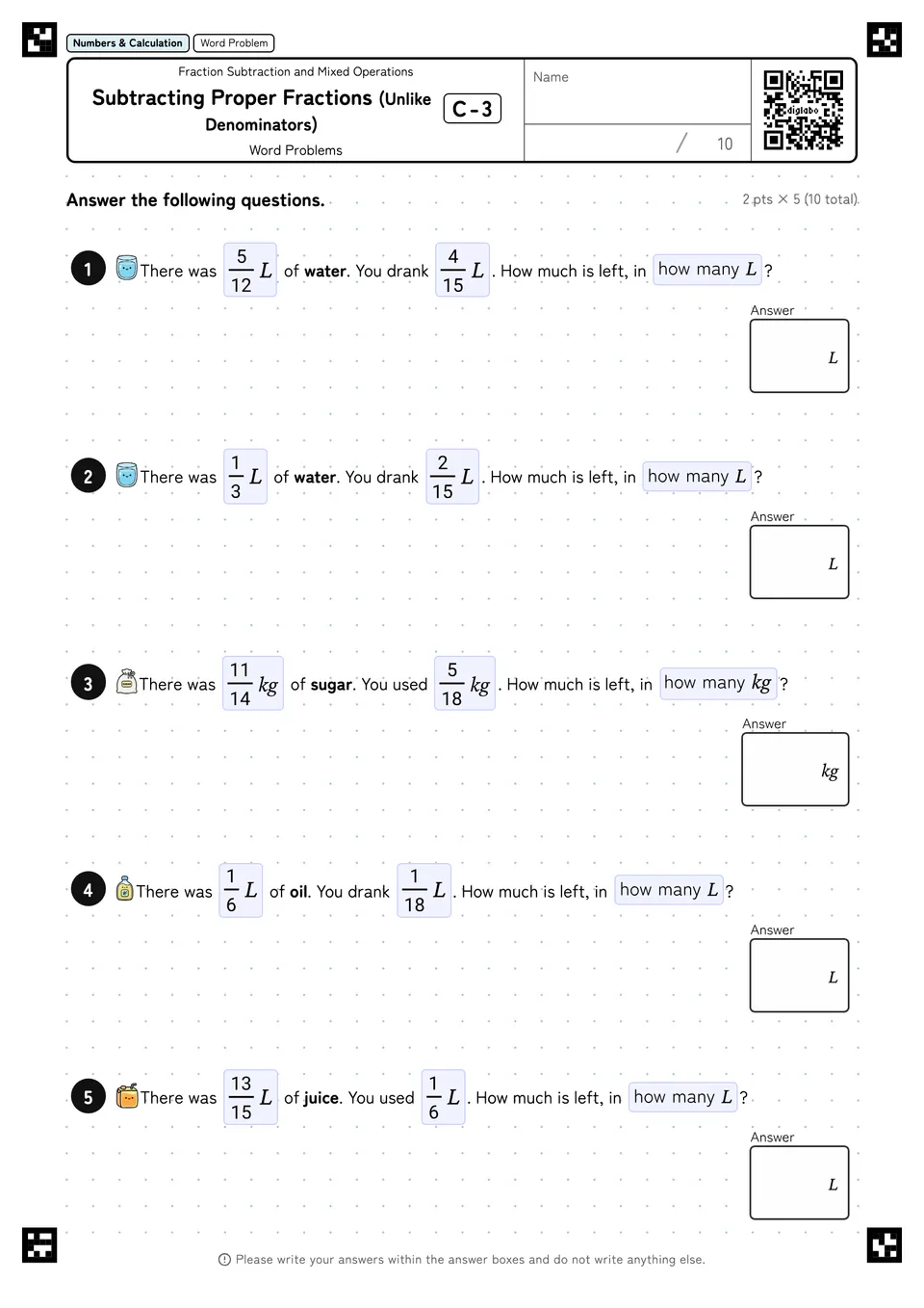 Subtracting Proper Fractions (Unlike Denominators) C-3