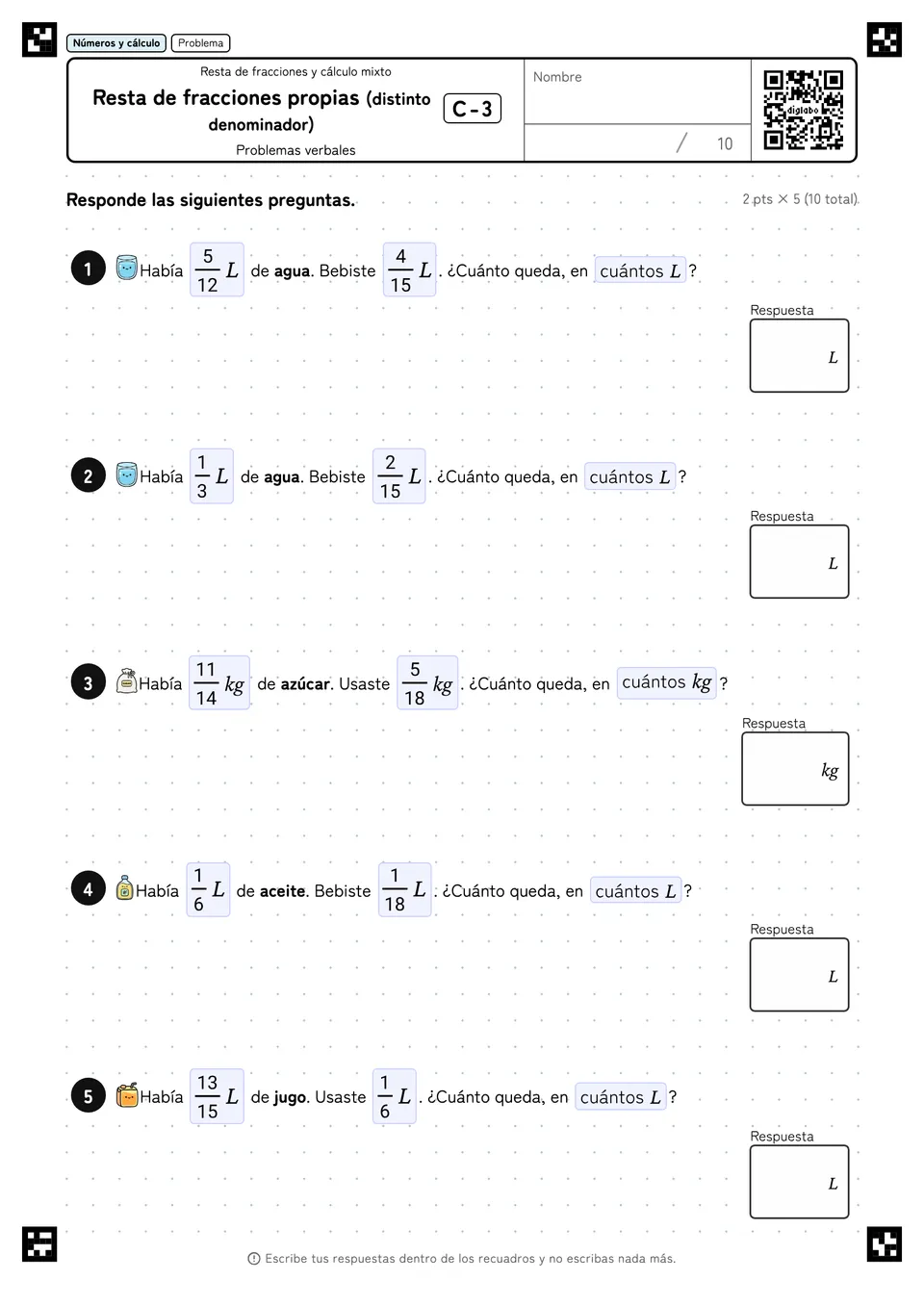 Resta de fracciones propias (distinto denominador) C-3