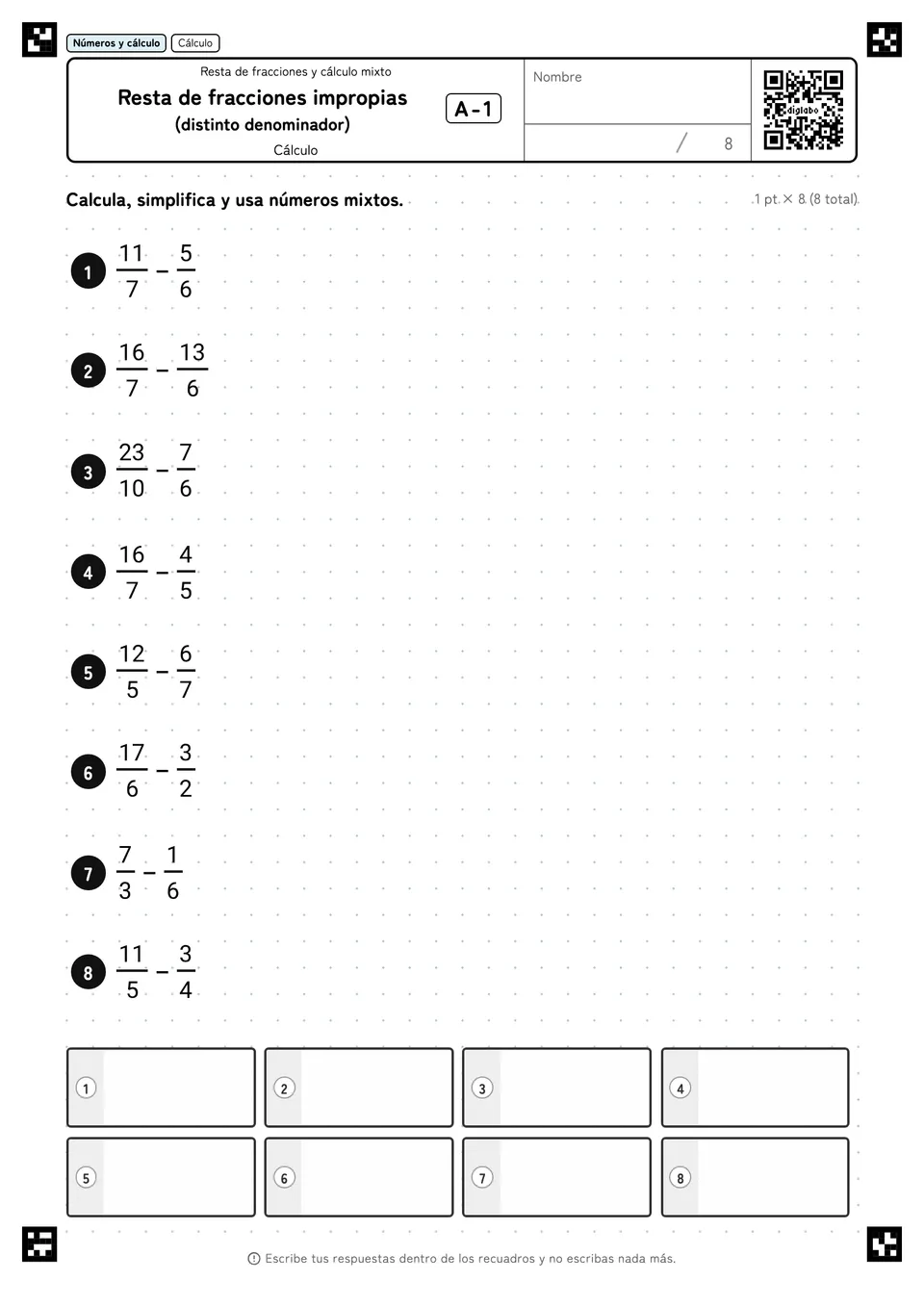 Resta de fracciones impropias (distinto denominador) A-1