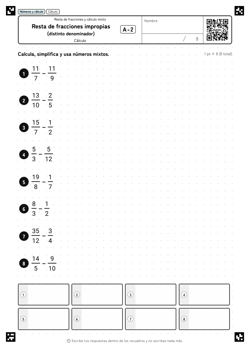 Resta de fracciones impropias (distinto denominador) A-2