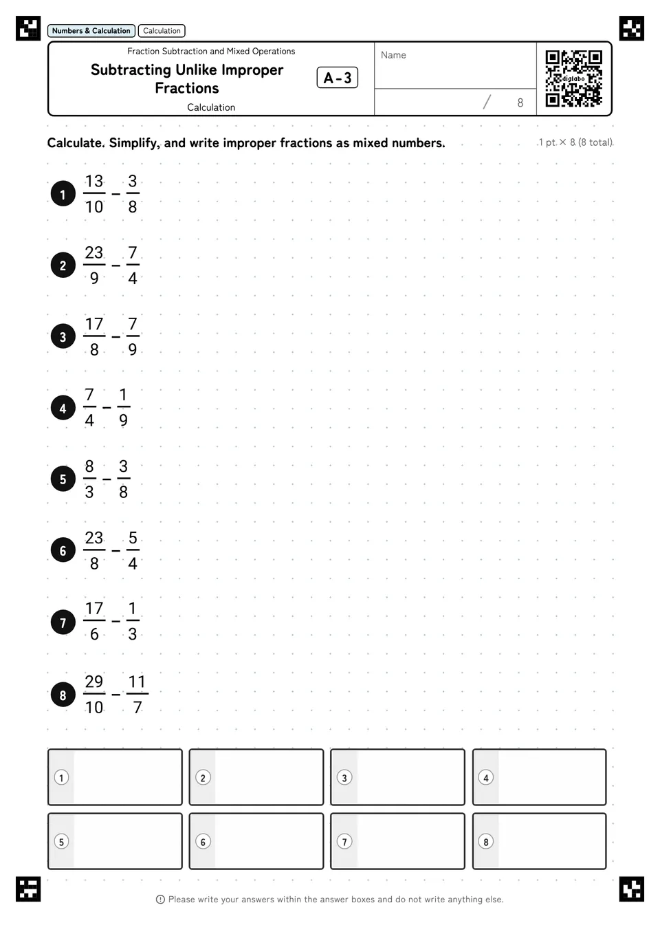Subtracting Unlike Improper Fractions A-3