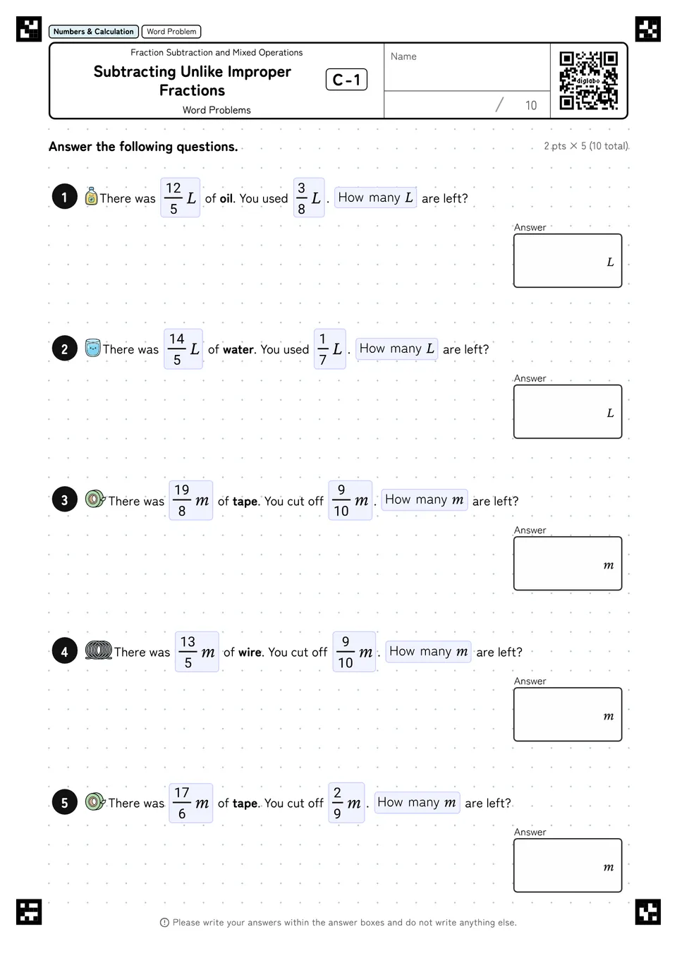 Subtracting Unlike Improper Fractions C-1