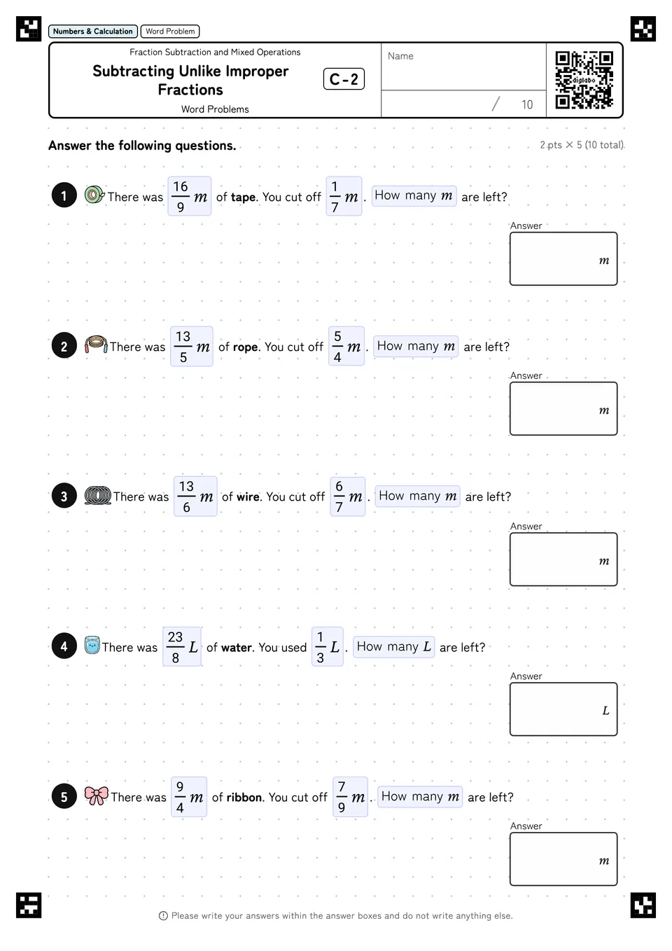 Subtracting Unlike Improper Fractions C-2