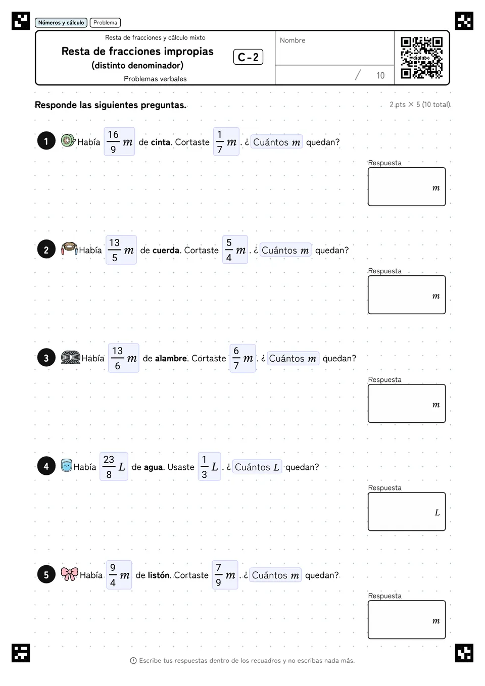 Resta de fracciones impropias (distinto denominador) C-2