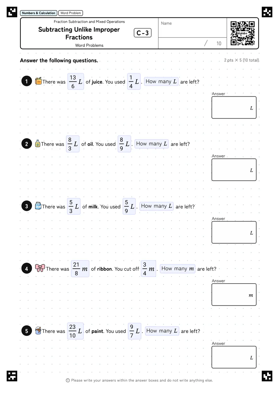 Subtracting Unlike Improper Fractions C-3