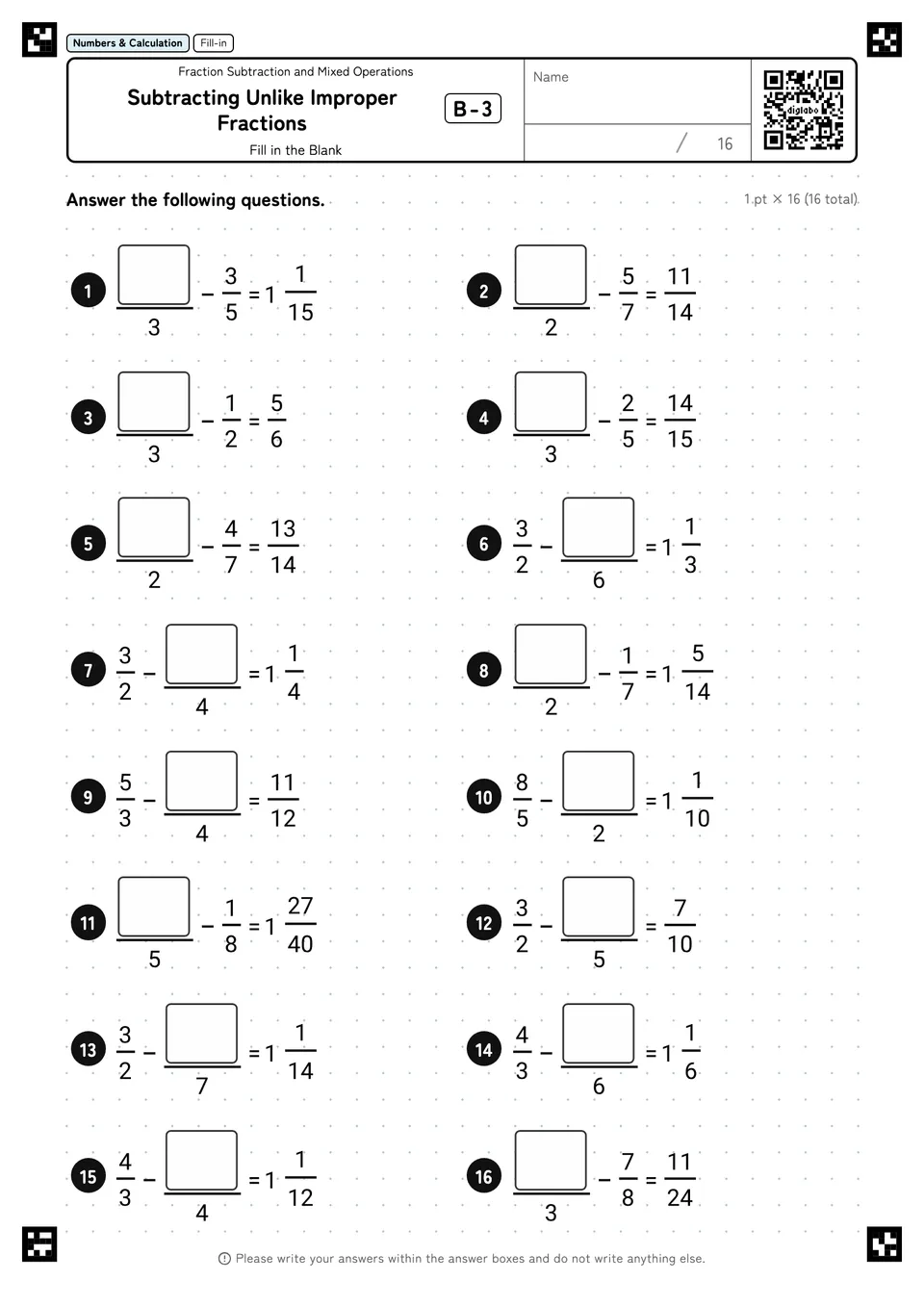 Subtracting Unlike Improper Fractions B-3