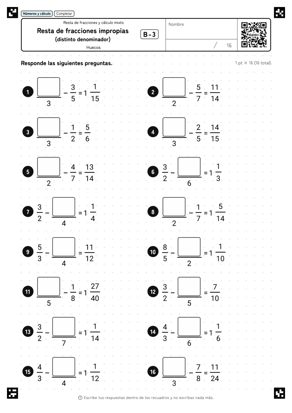 Resta de fracciones impropias (distinto denominador) B-3