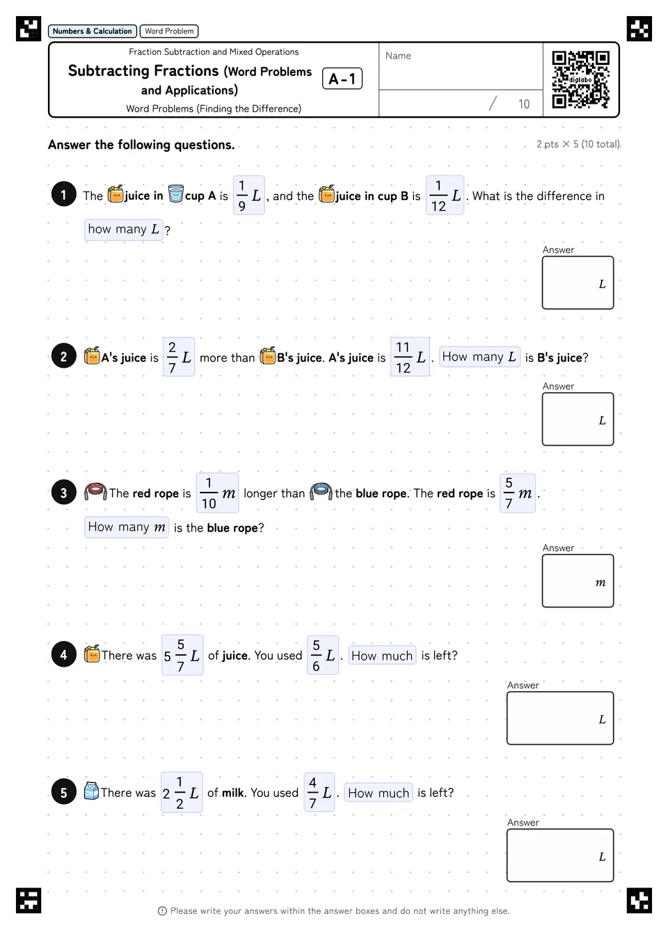 Subtracting Fractions (Word Problems and Applications) A-1