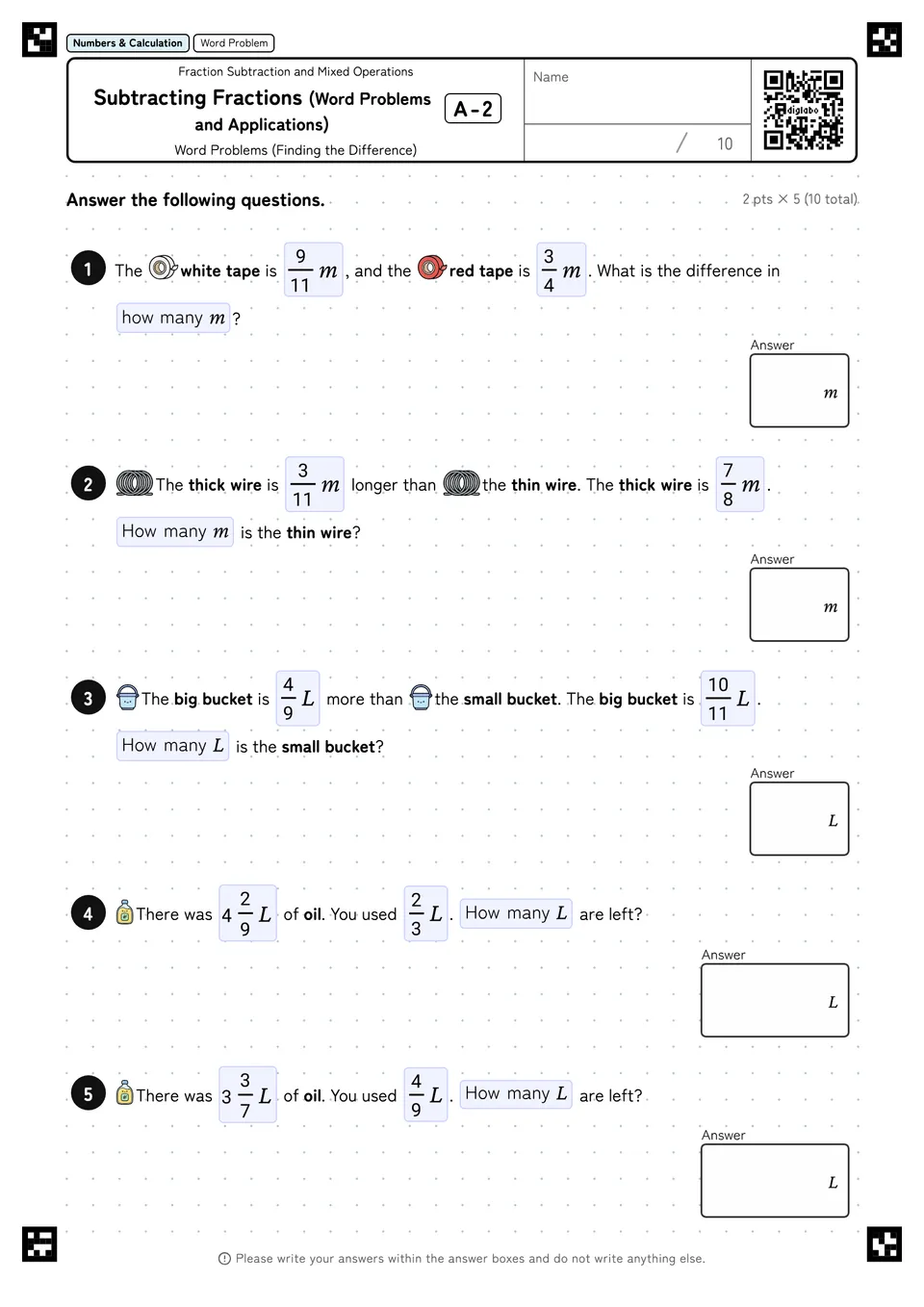 Subtracting Fractions (Word Problems and Applications) A-2