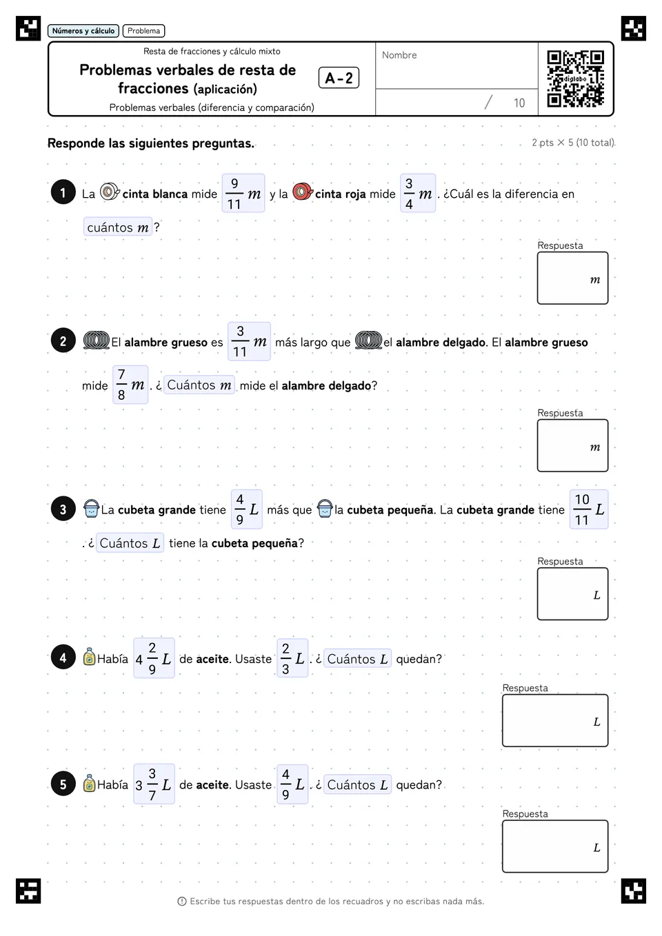Problemas verbales de resta de fracciones (aplicación) A-2