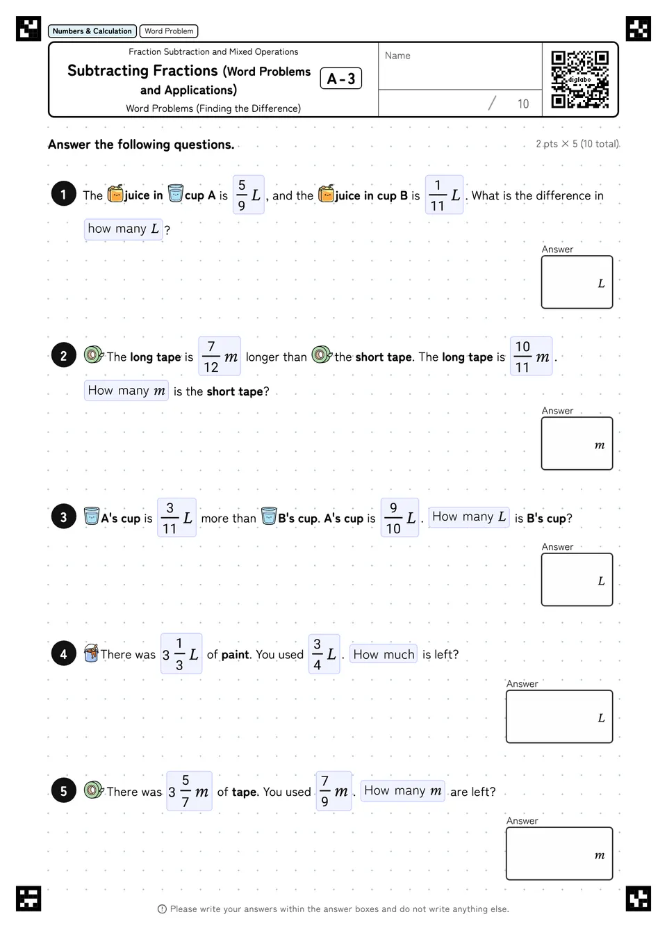 Subtracting Fractions (Word Problems and Applications) A-3