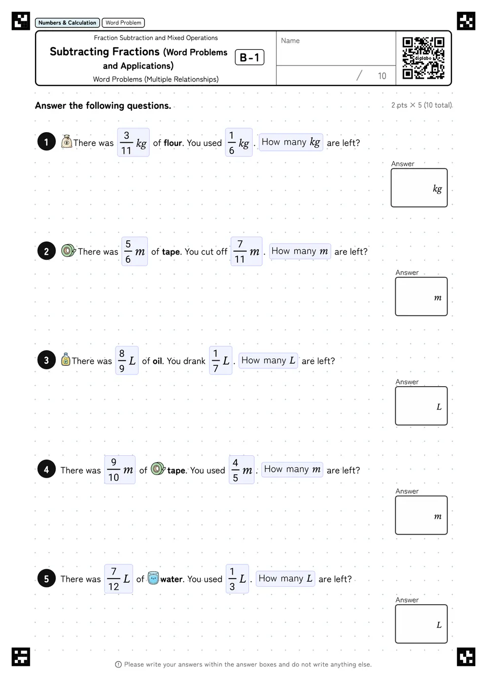 Subtracting Fractions (Word Problems and Applications) B-1