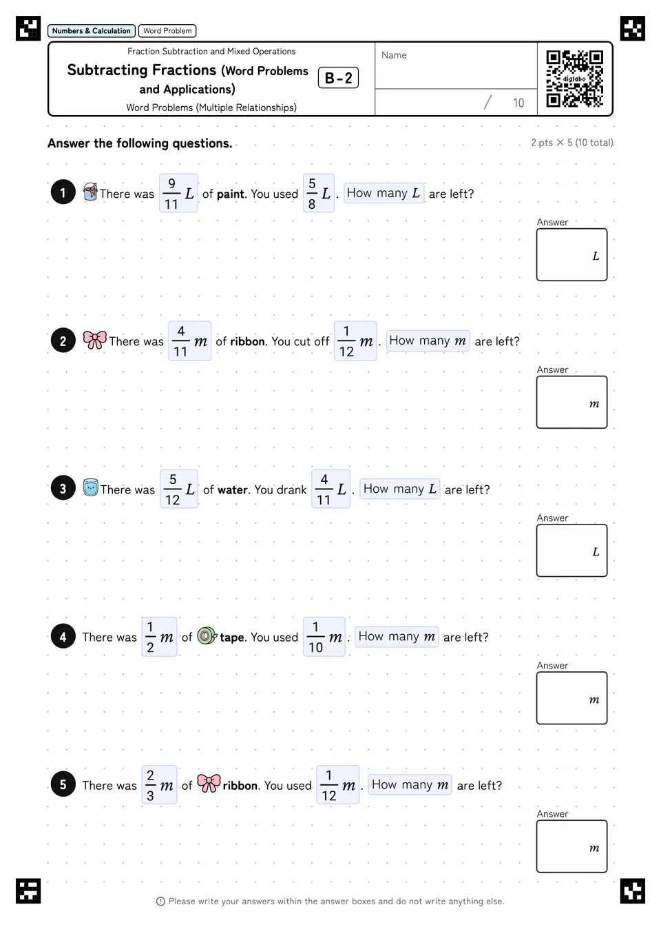 Subtracting Fractions (Word Problems and Applications) B-2