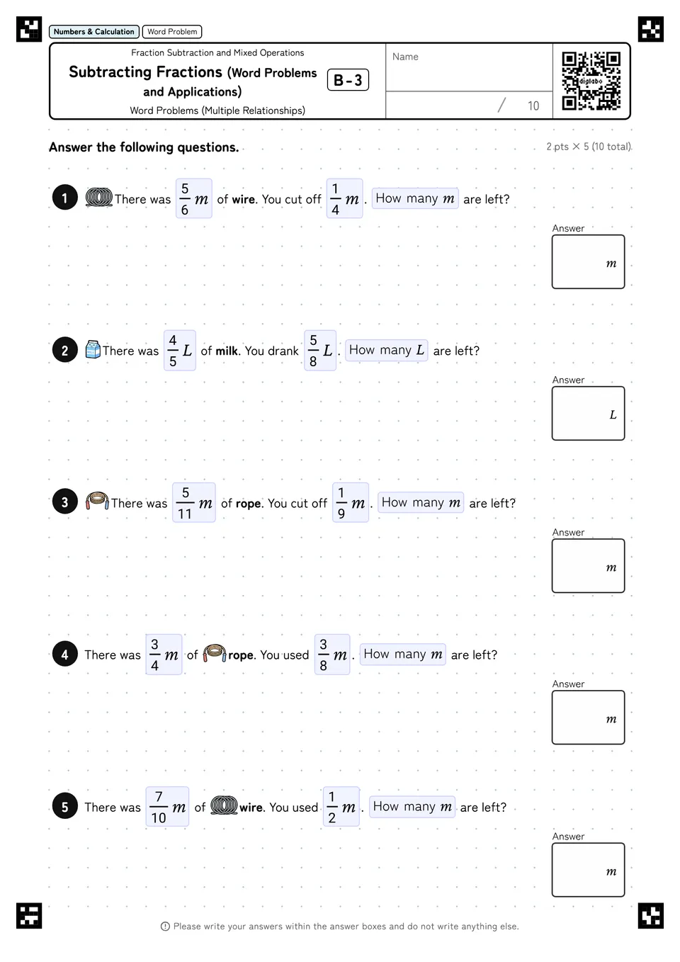 Subtracting Fractions (Word Problems and Applications) B-3
