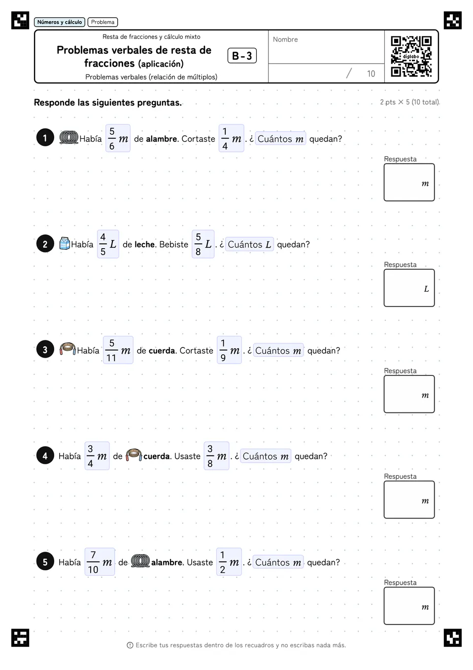Problemas verbales de resta de fracciones (aplicación) B-3