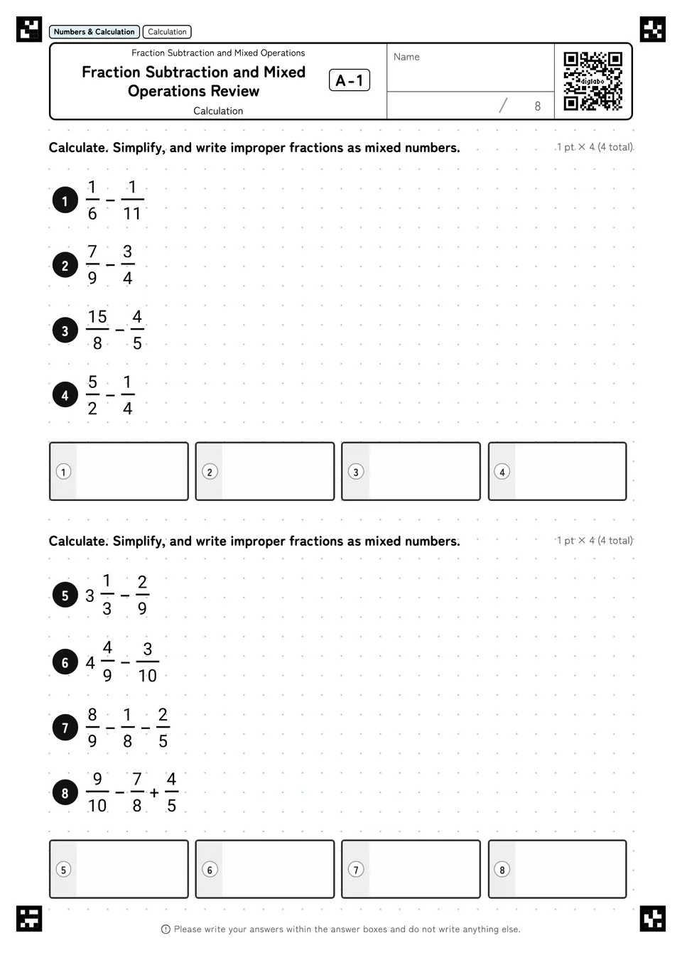 Fraction Subtraction and Mixed Operations Review A-1