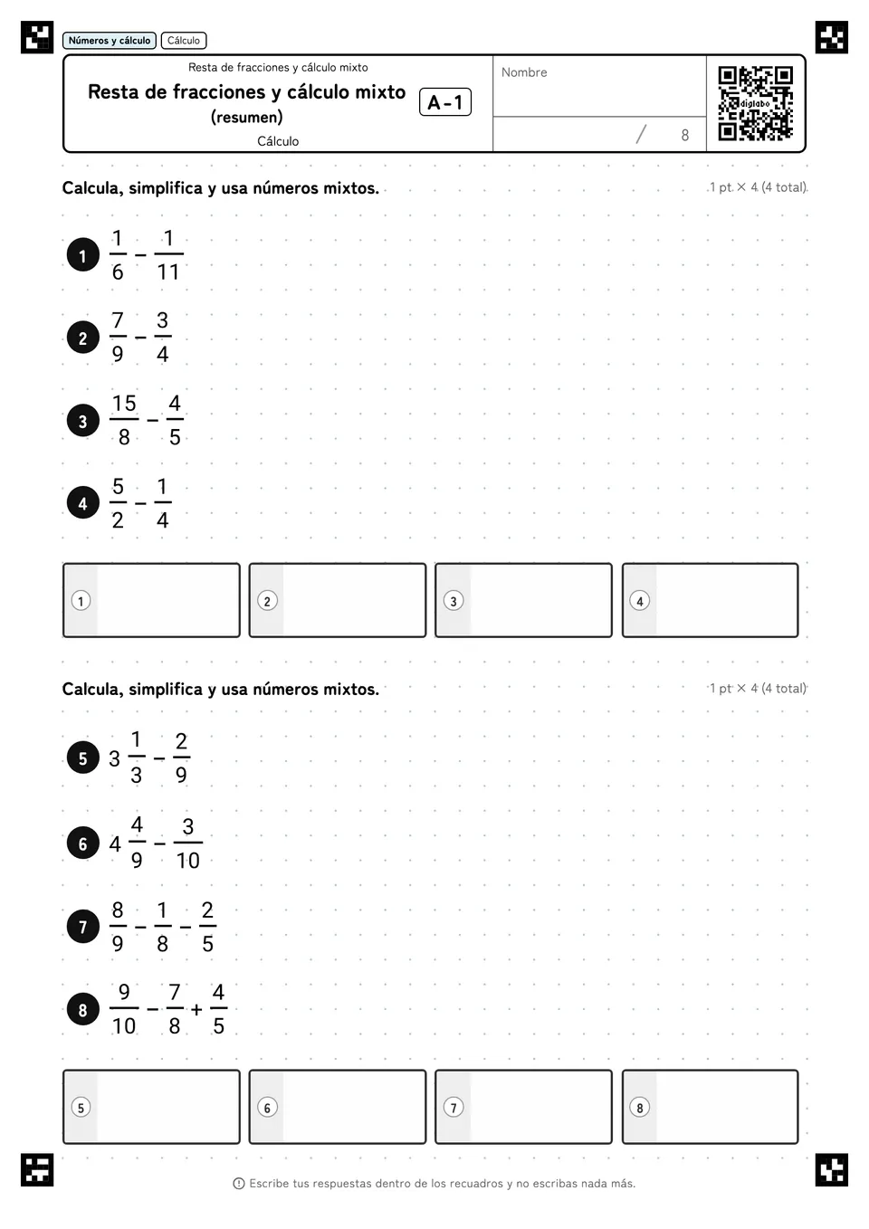 Resta de fracciones y cálculo mixto (resumen) A-1