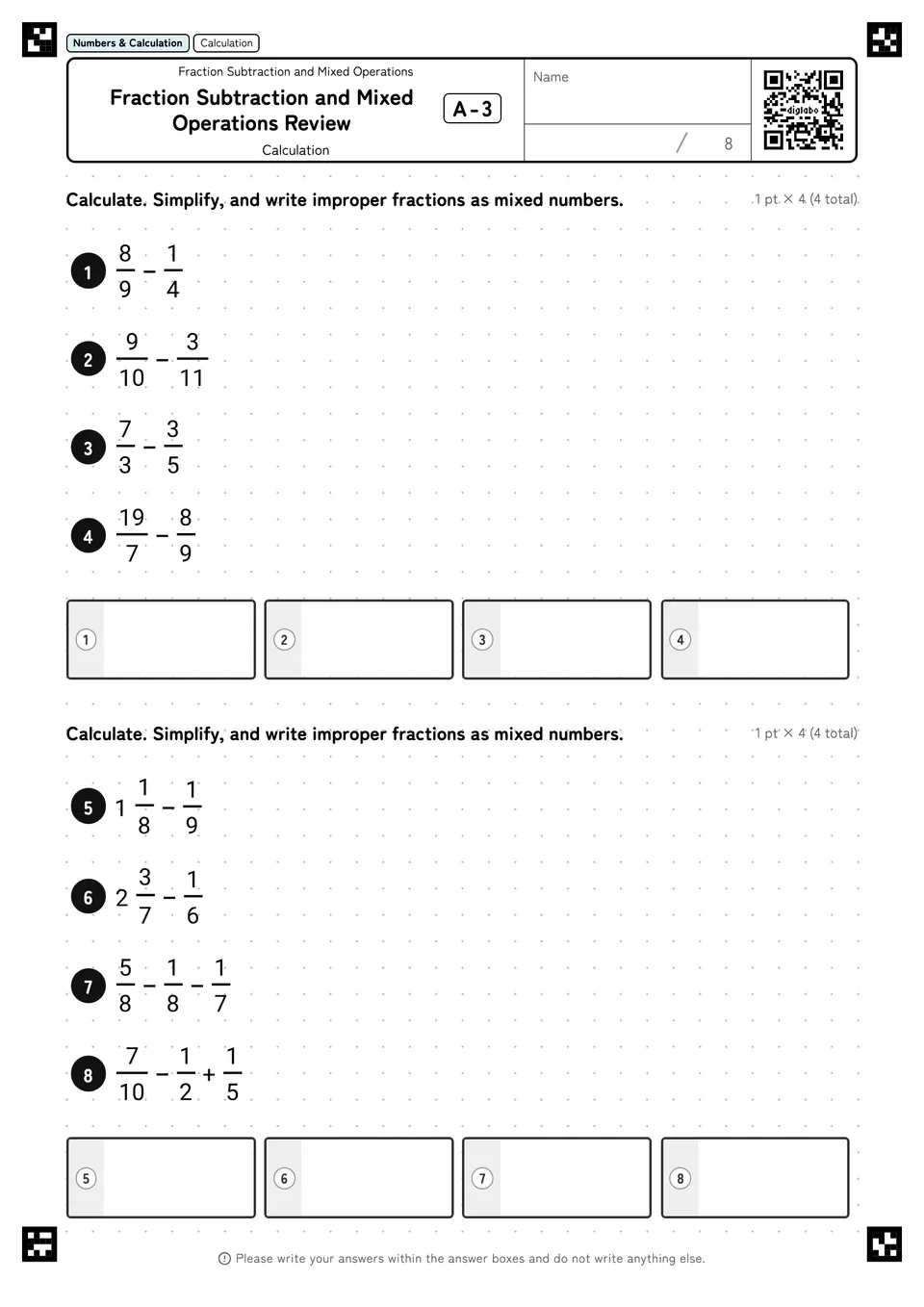 Fraction Subtraction and Mixed Operations Review A-3