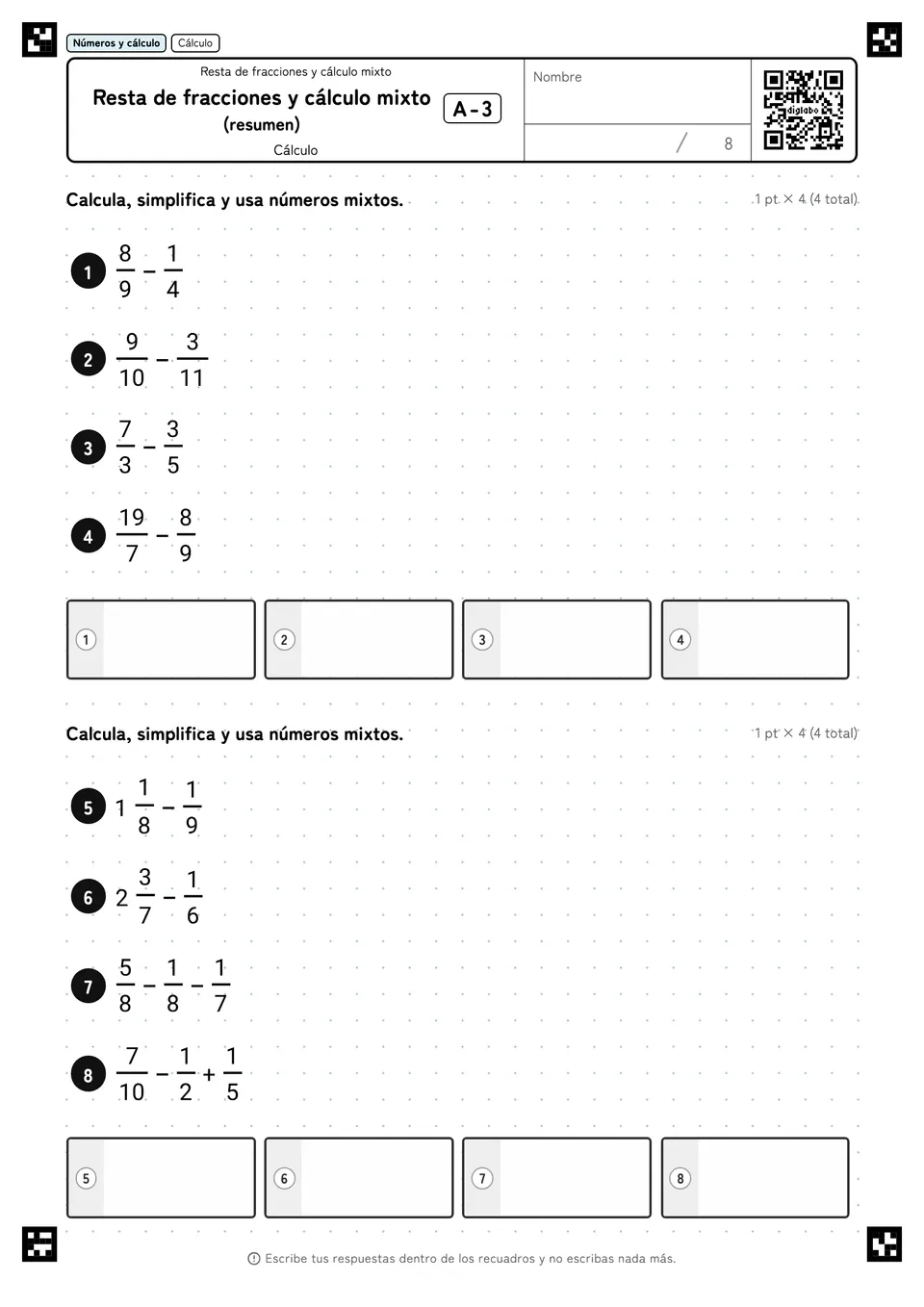Resta de fracciones y cálculo mixto (resumen) A-3