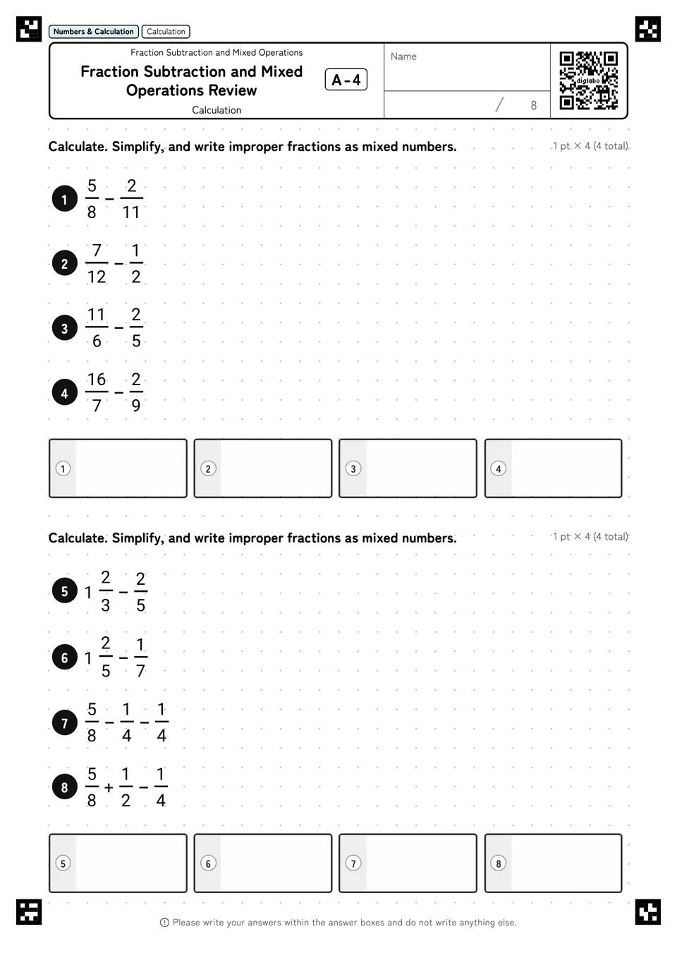 Fraction Subtraction and Mixed Operations Review A-4