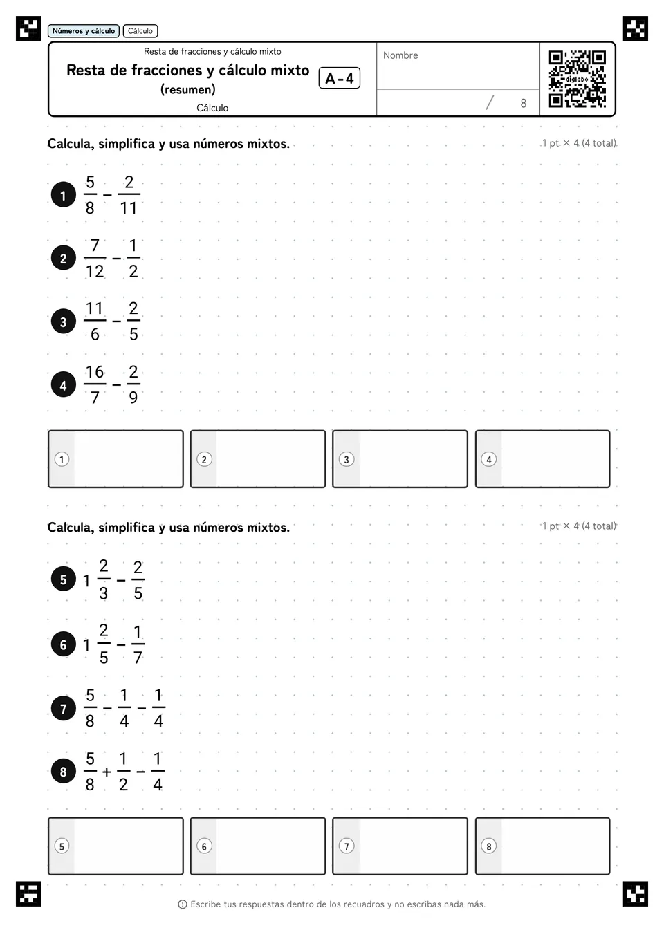 Resta de fracciones y cálculo mixto (resumen) A-4