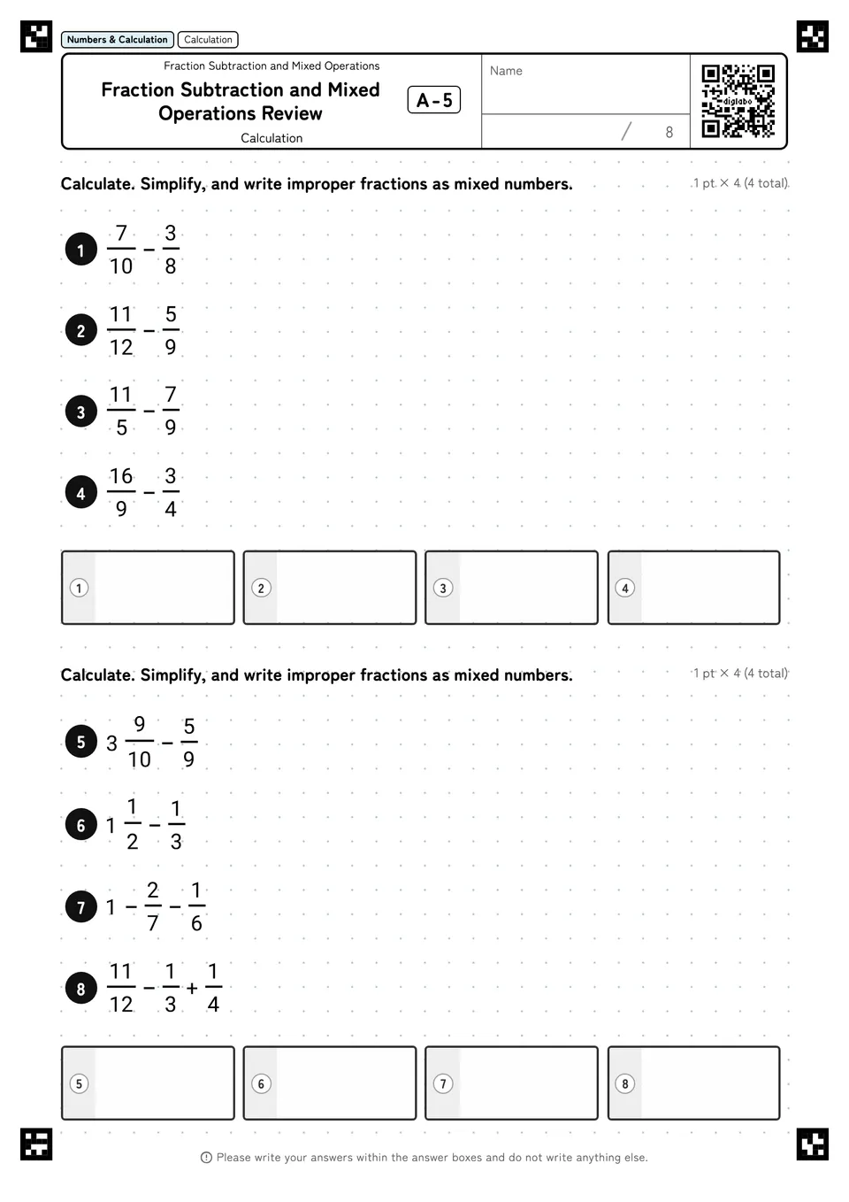 Fraction Subtraction and Mixed Operations Review A-5