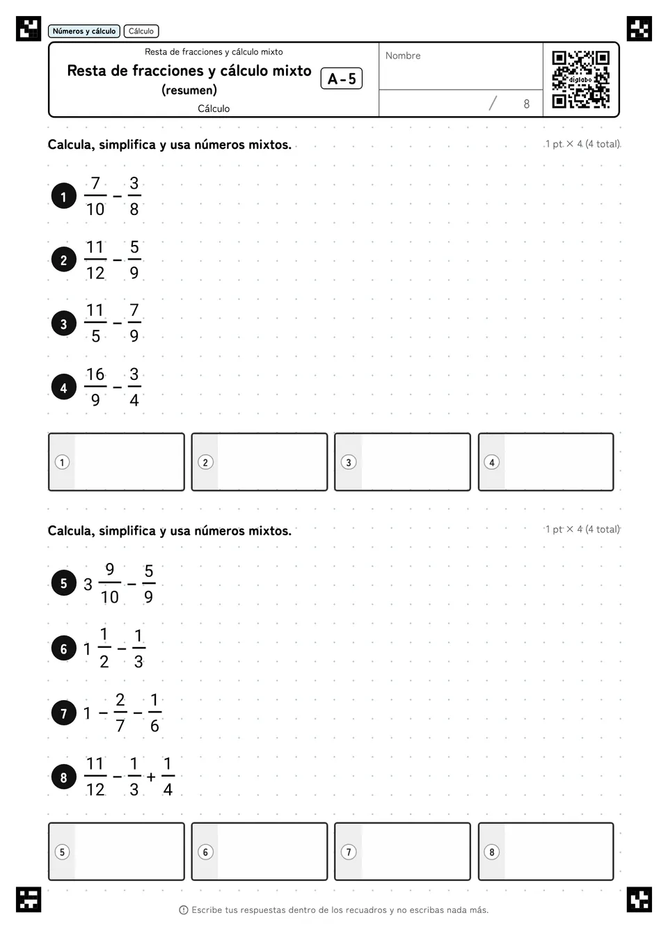 Resta de fracciones y cálculo mixto (resumen) A-5