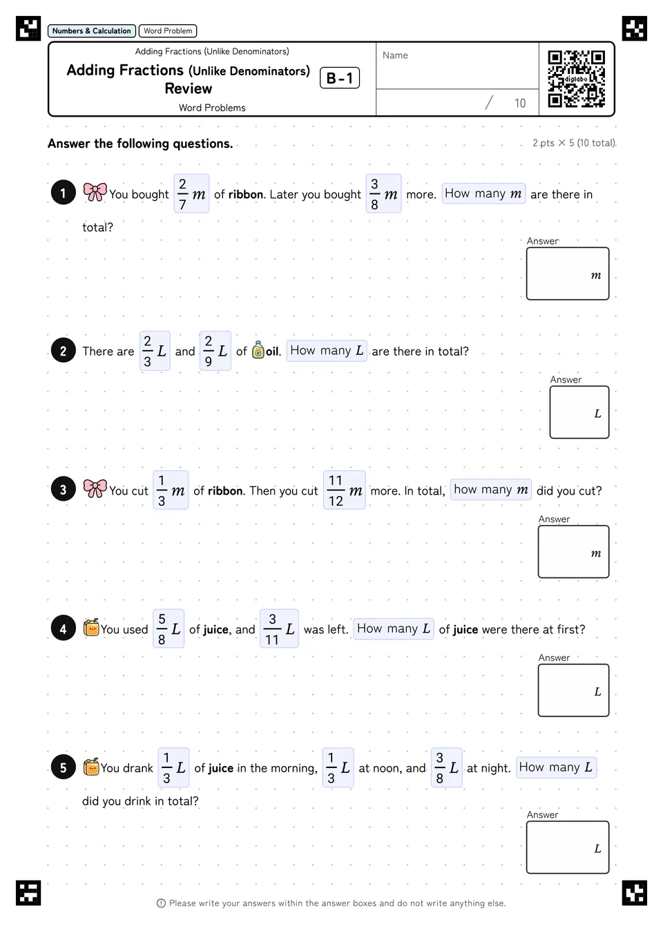 Adding Fractions (Unlike Denominators) Review B-1