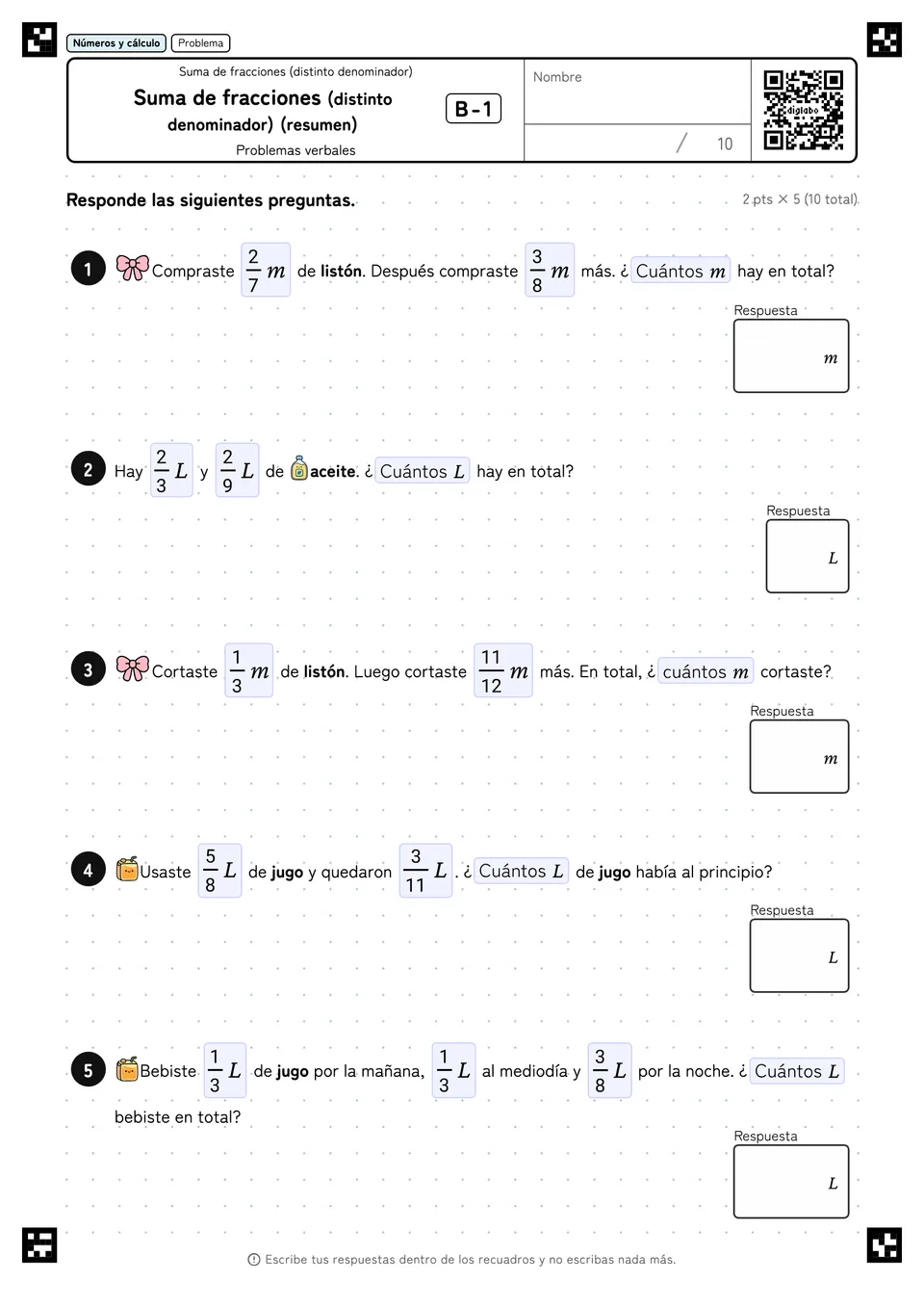 Suma de fracciones (distinto denominador) (resumen) B-1