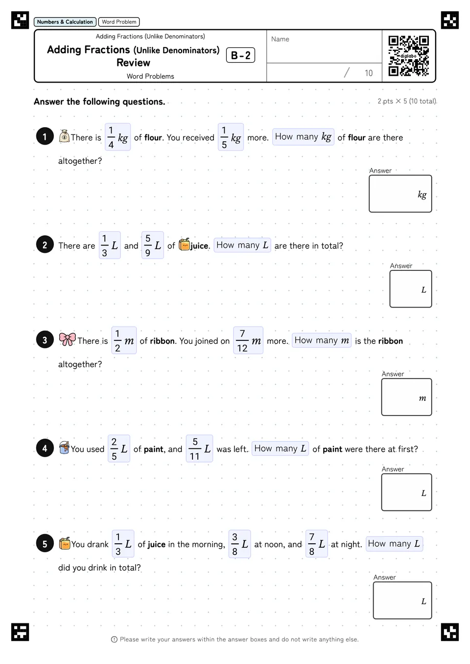 Adding Fractions (Unlike Denominators) Review B-2