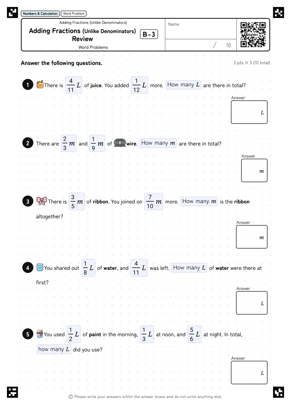 Adding Fractions (Unlike Denominators) Review B-3