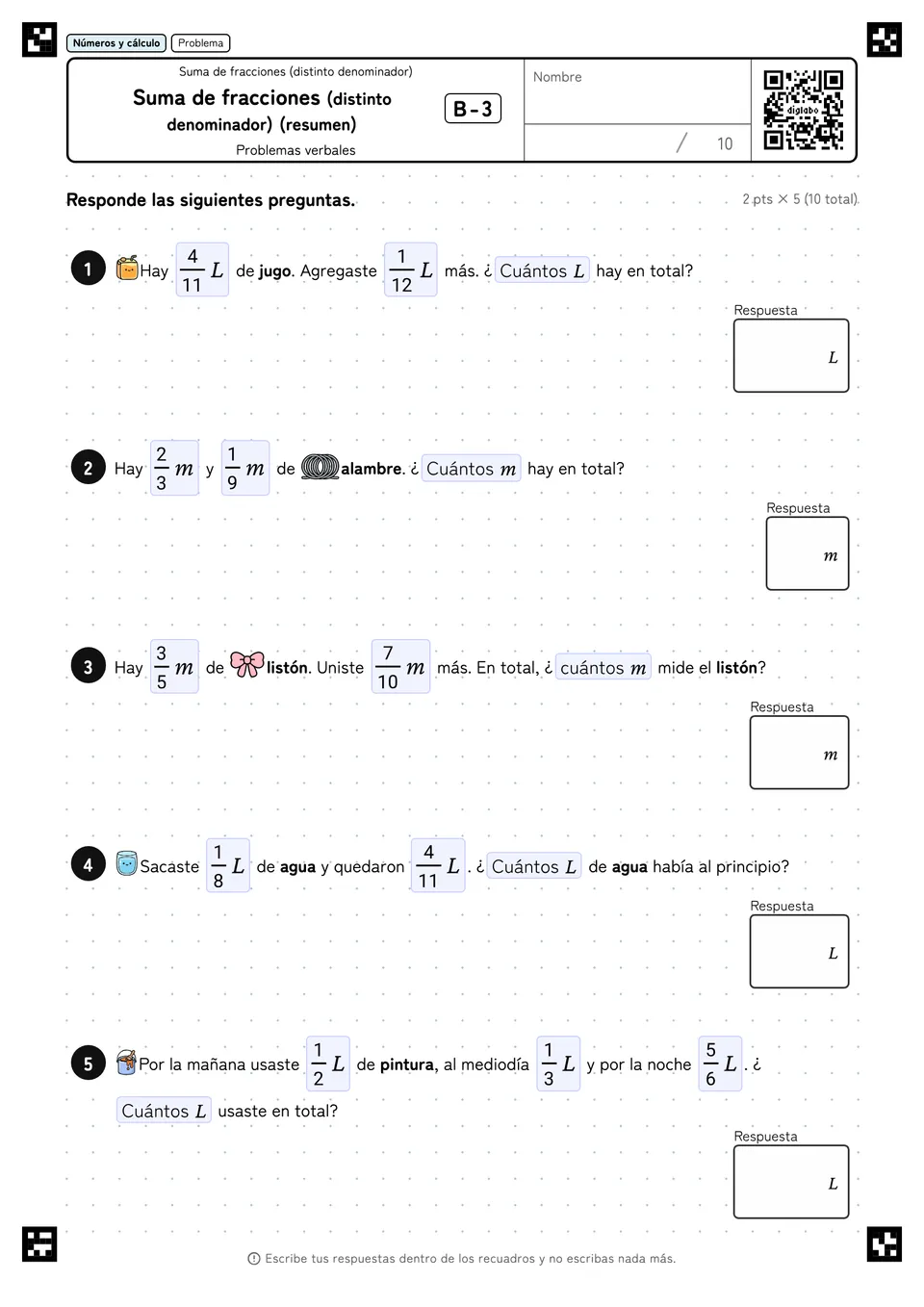 Suma de fracciones (distinto denominador) (resumen) B-3