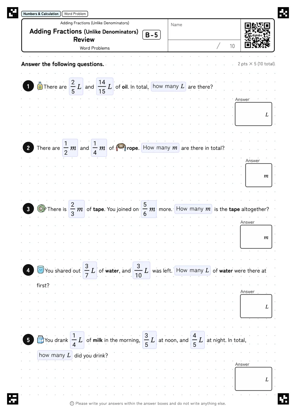 Adding Fractions (Unlike Denominators) Review B-5