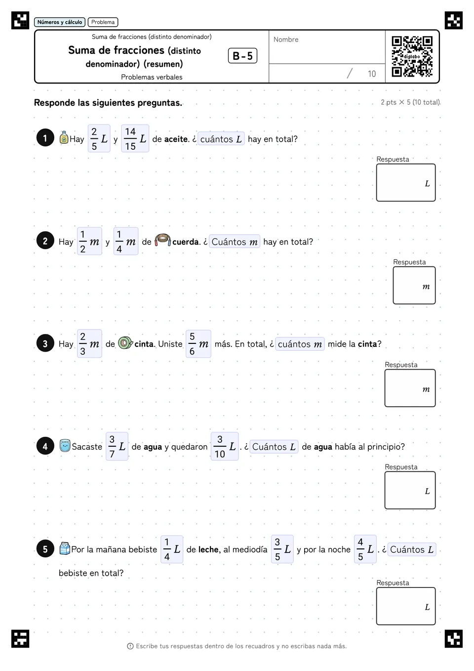 Suma de fracciones (distinto denominador) (resumen) B-5