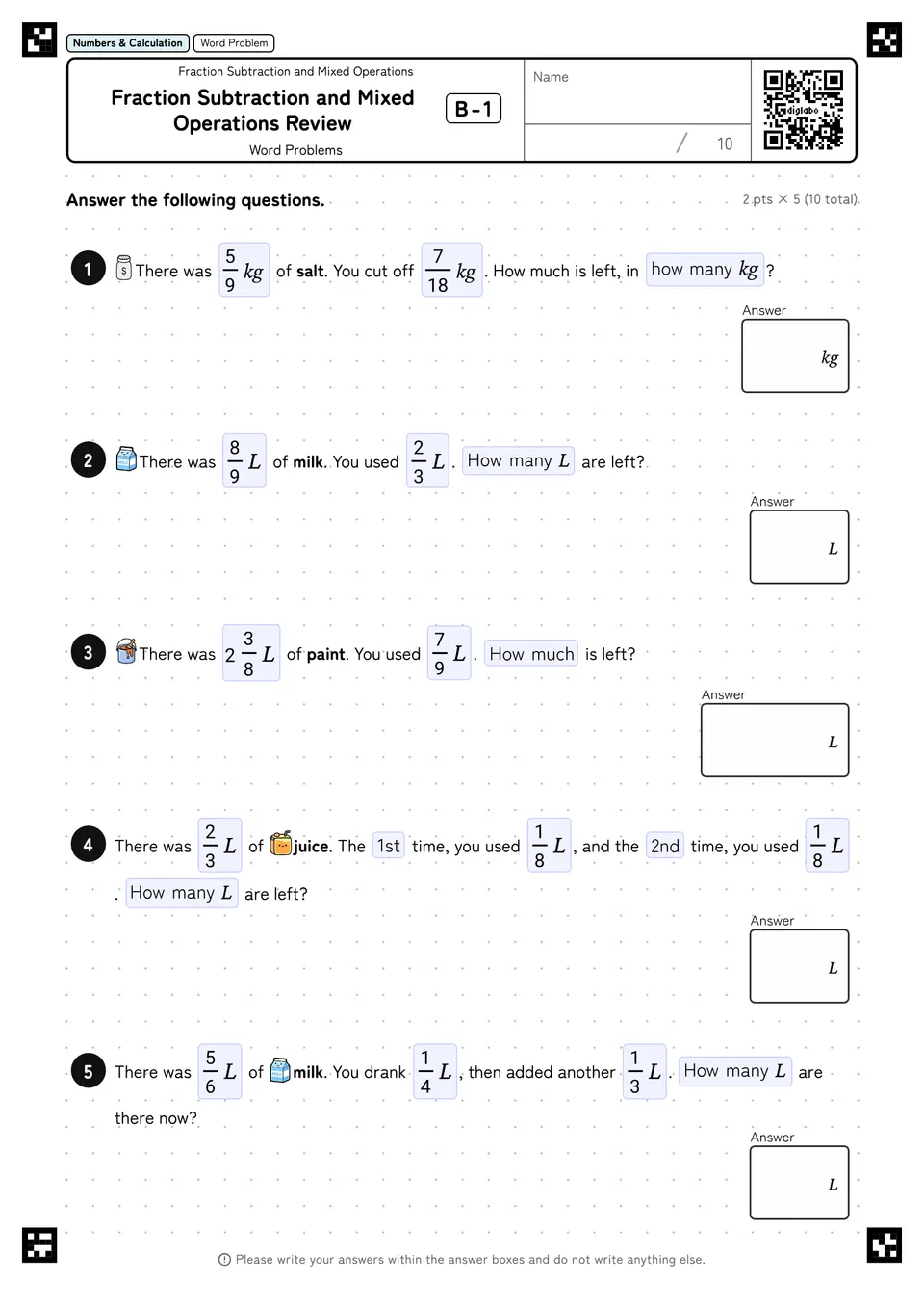 Fraction Subtraction and Mixed Operations Review B-1