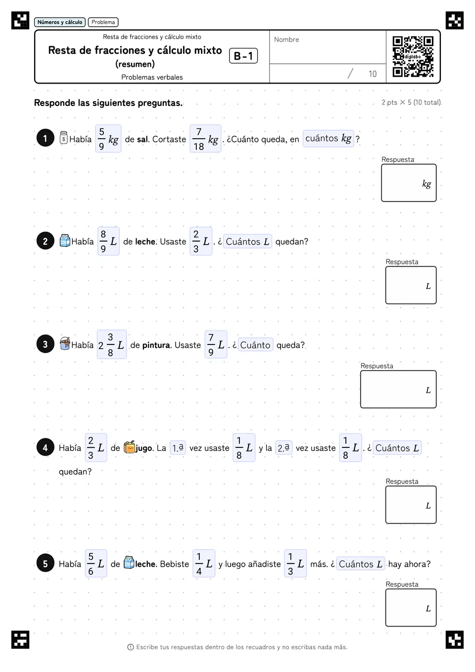 Resta de fracciones y cálculo mixto (resumen) B-1