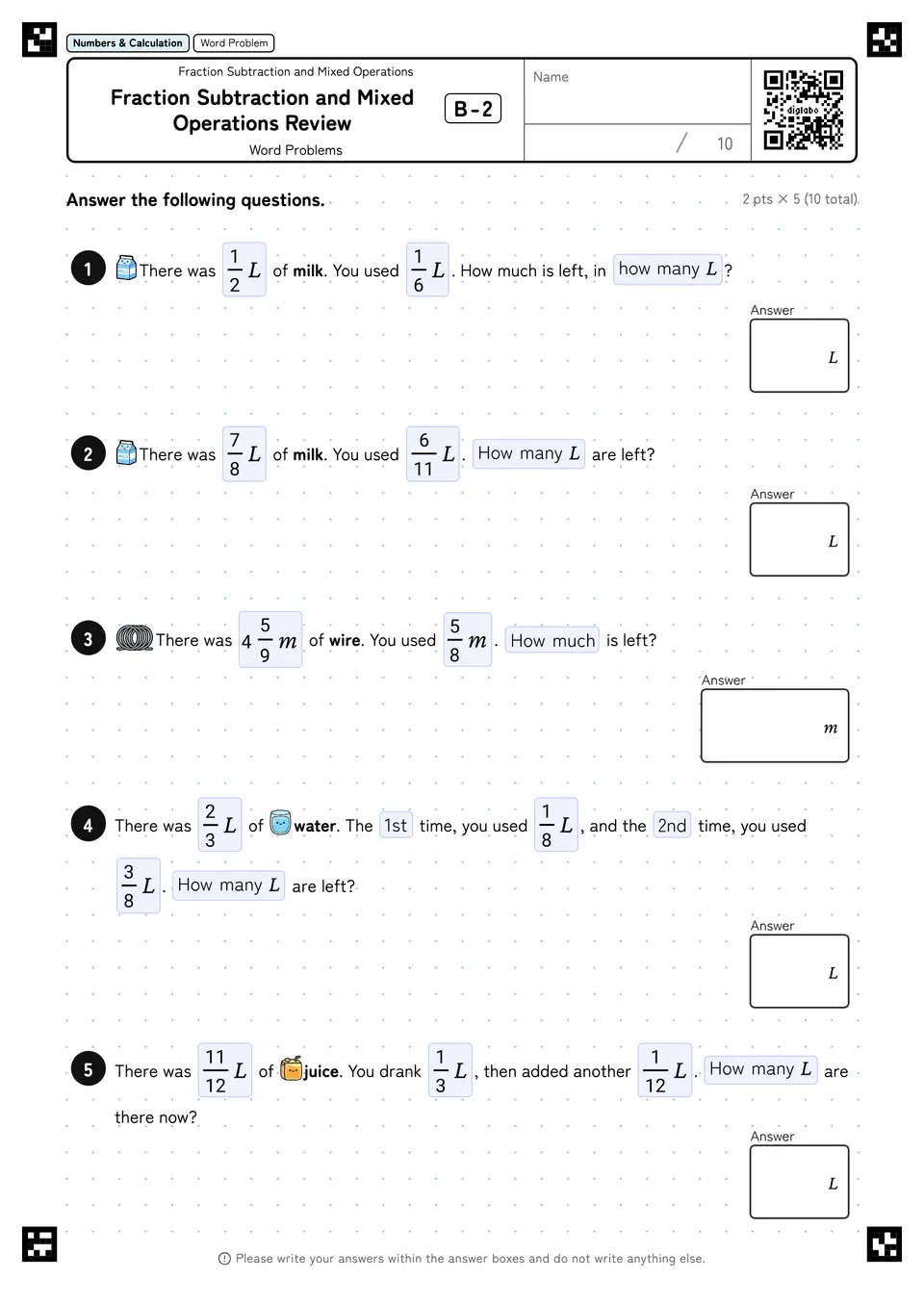 Fraction Subtraction and Mixed Operations Review B-2