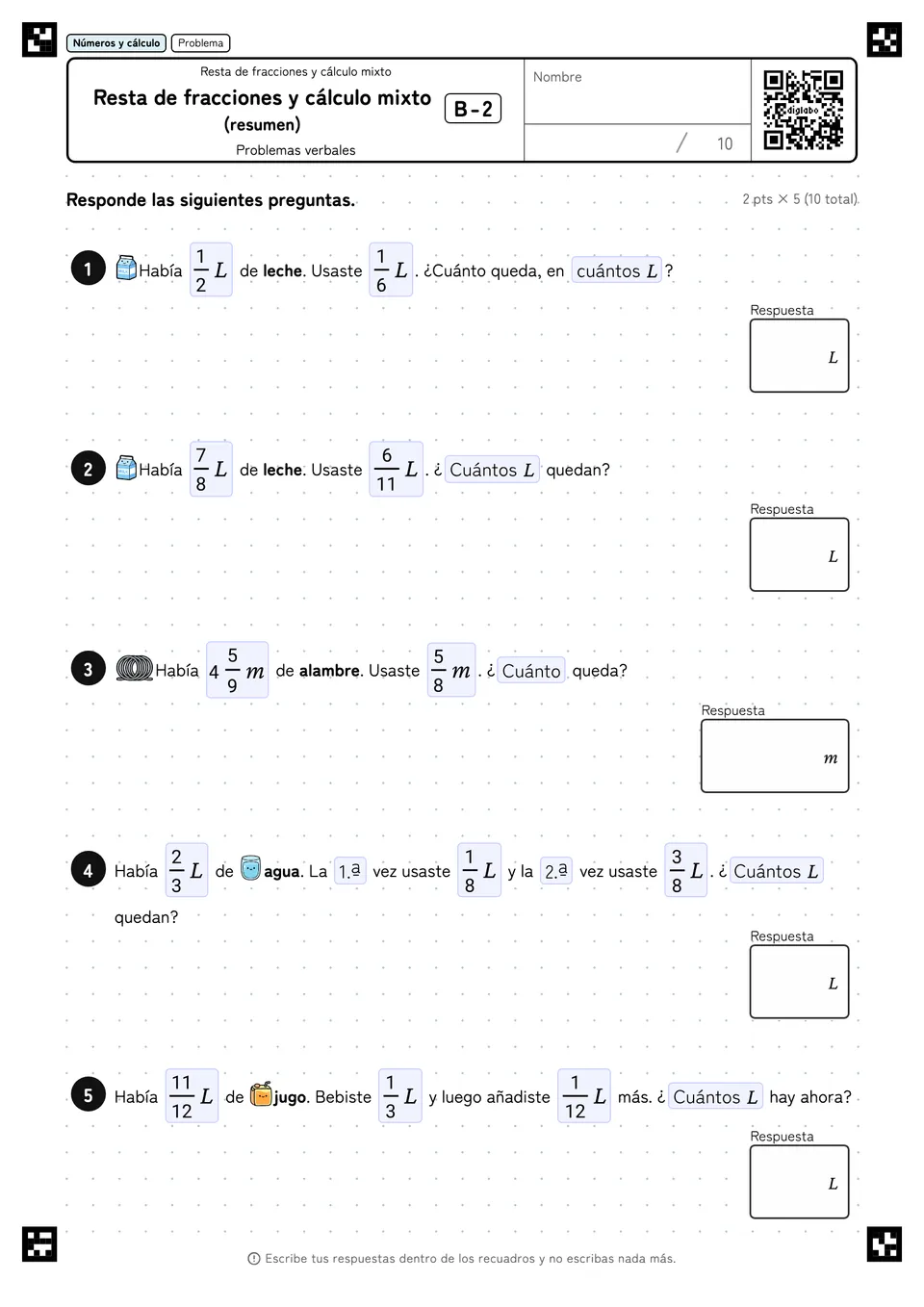 Resta de fracciones y cálculo mixto (resumen) B-2