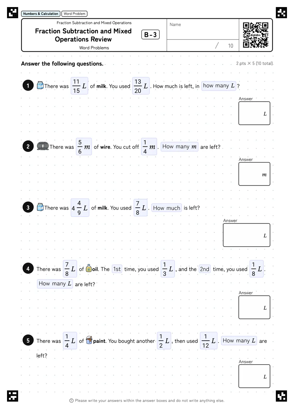 Fraction Subtraction and Mixed Operations Review B-3