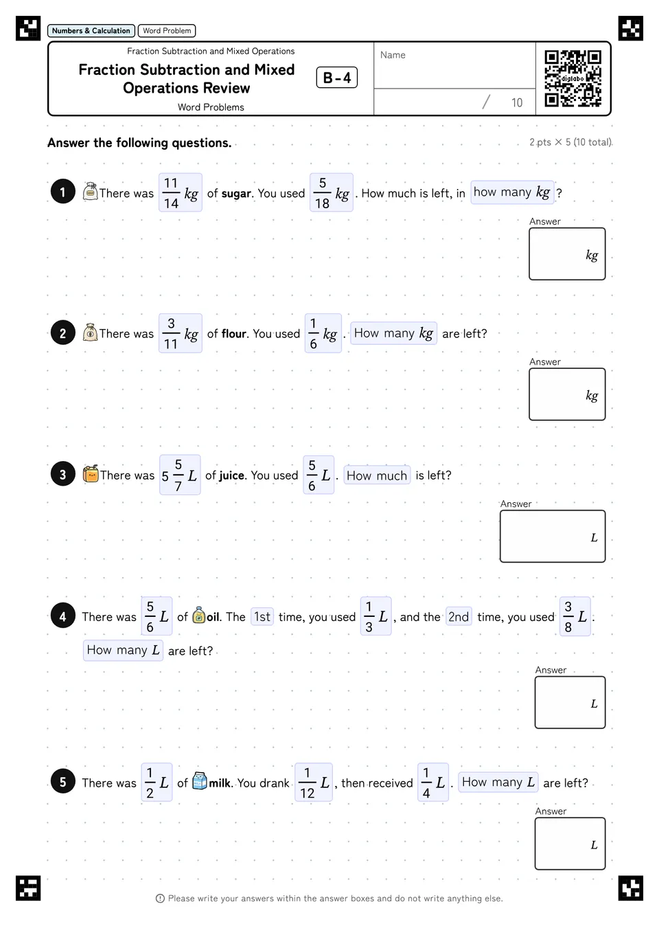 Fraction Subtraction and Mixed Operations Review B-4