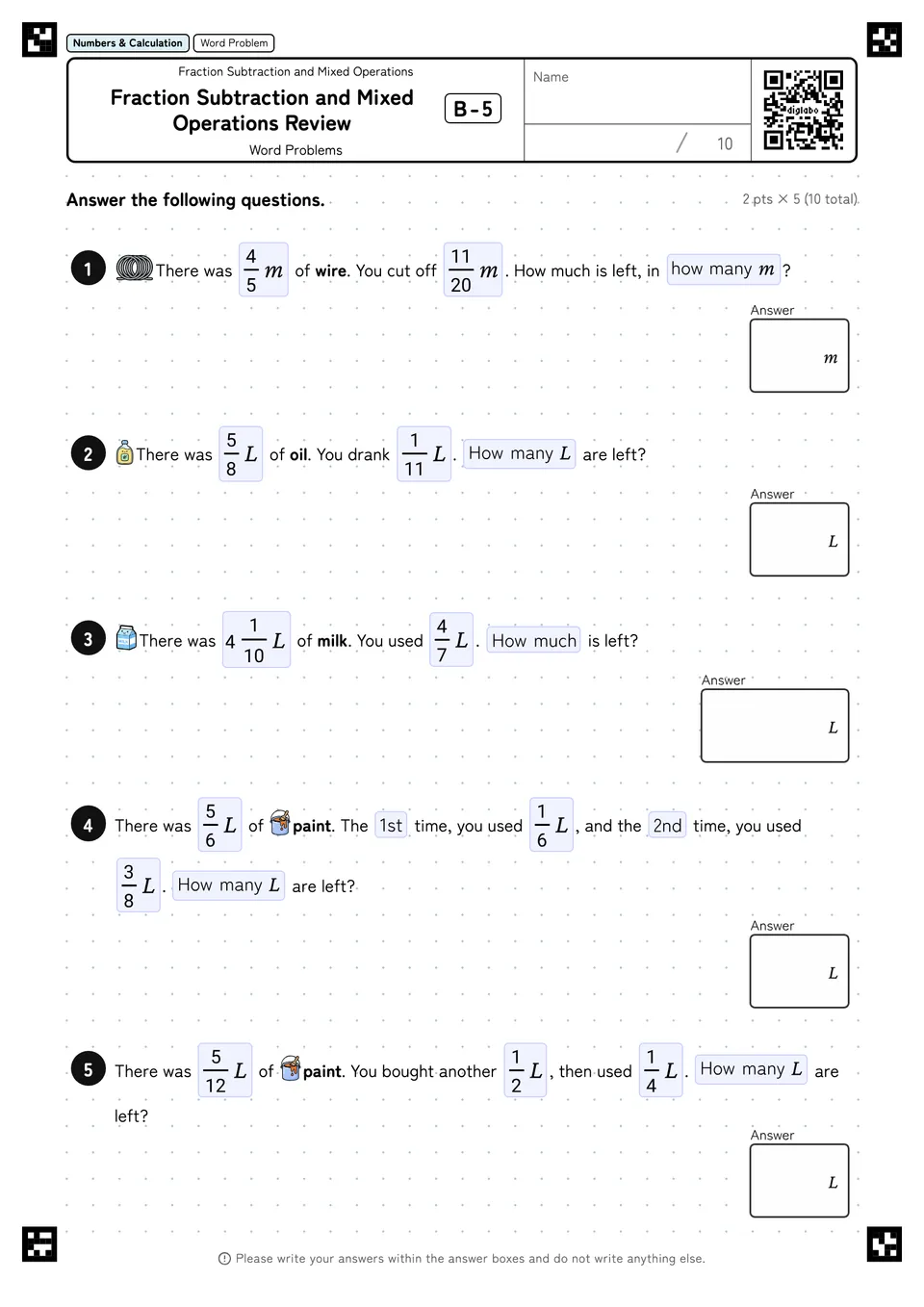 Fraction Subtraction and Mixed Operations Review B-5