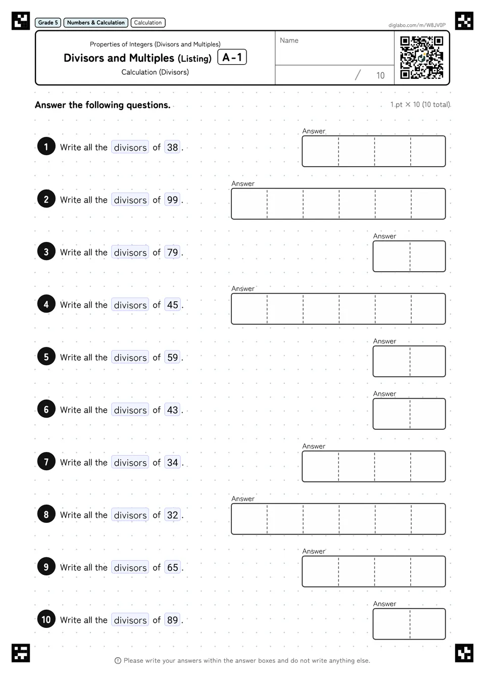 Grade 5 (Elementary School) Properties of Integers (Divisors and Multiples) Divisors and Multiples (Listing)